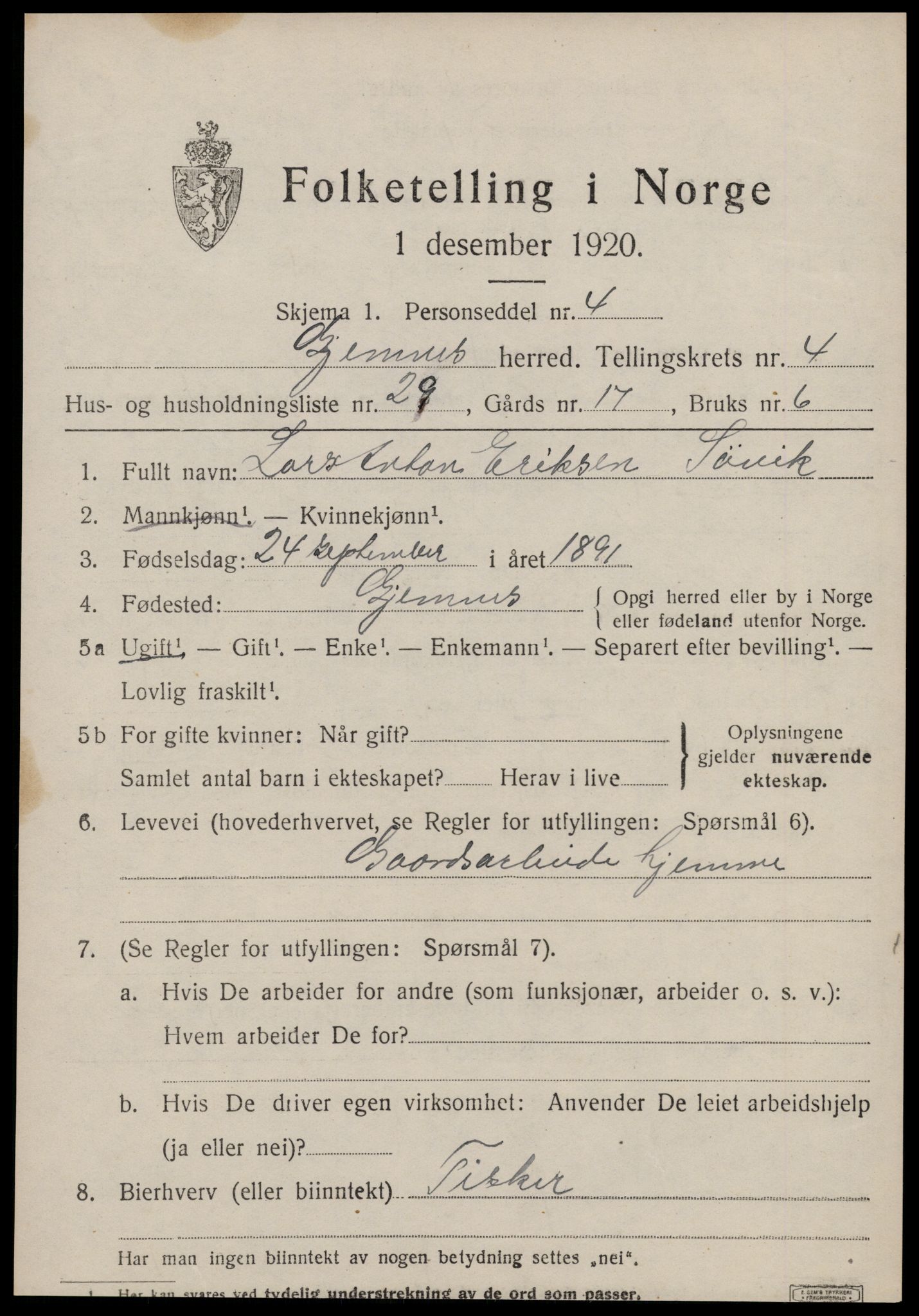 SAT, 1920 census for Gjemnes, 1920, p. 1908