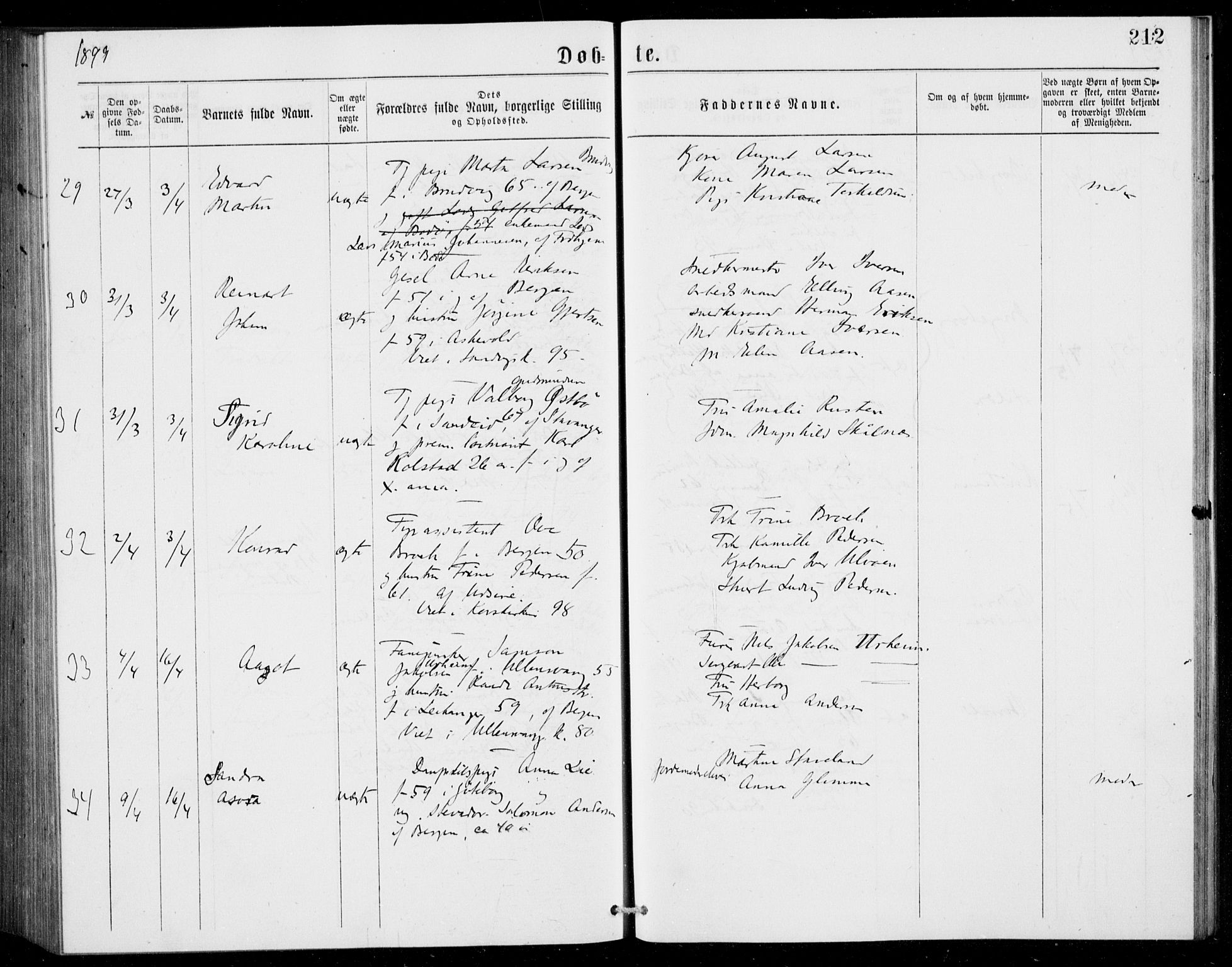 Fødselsstiftelsens sokneprestembete, ført av overlegen*, SAB/-: Parish register (official) no. A 2, 1884-1900, p. 212