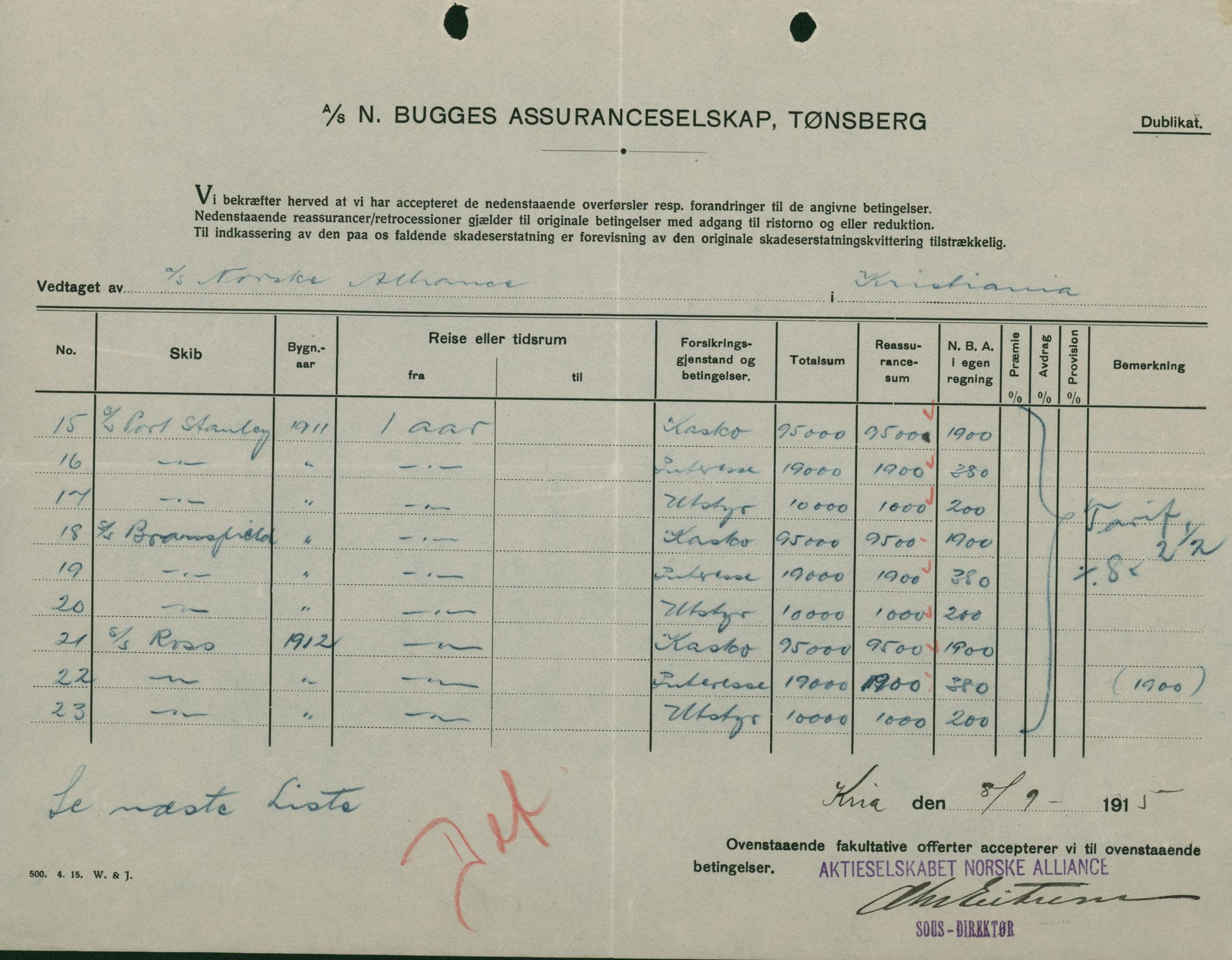 Pa 664 - Tønsberg Sjøforsikringsselskap, VEMU/A-1773/F/L0001: Forsikringspoliser, 1915-1918