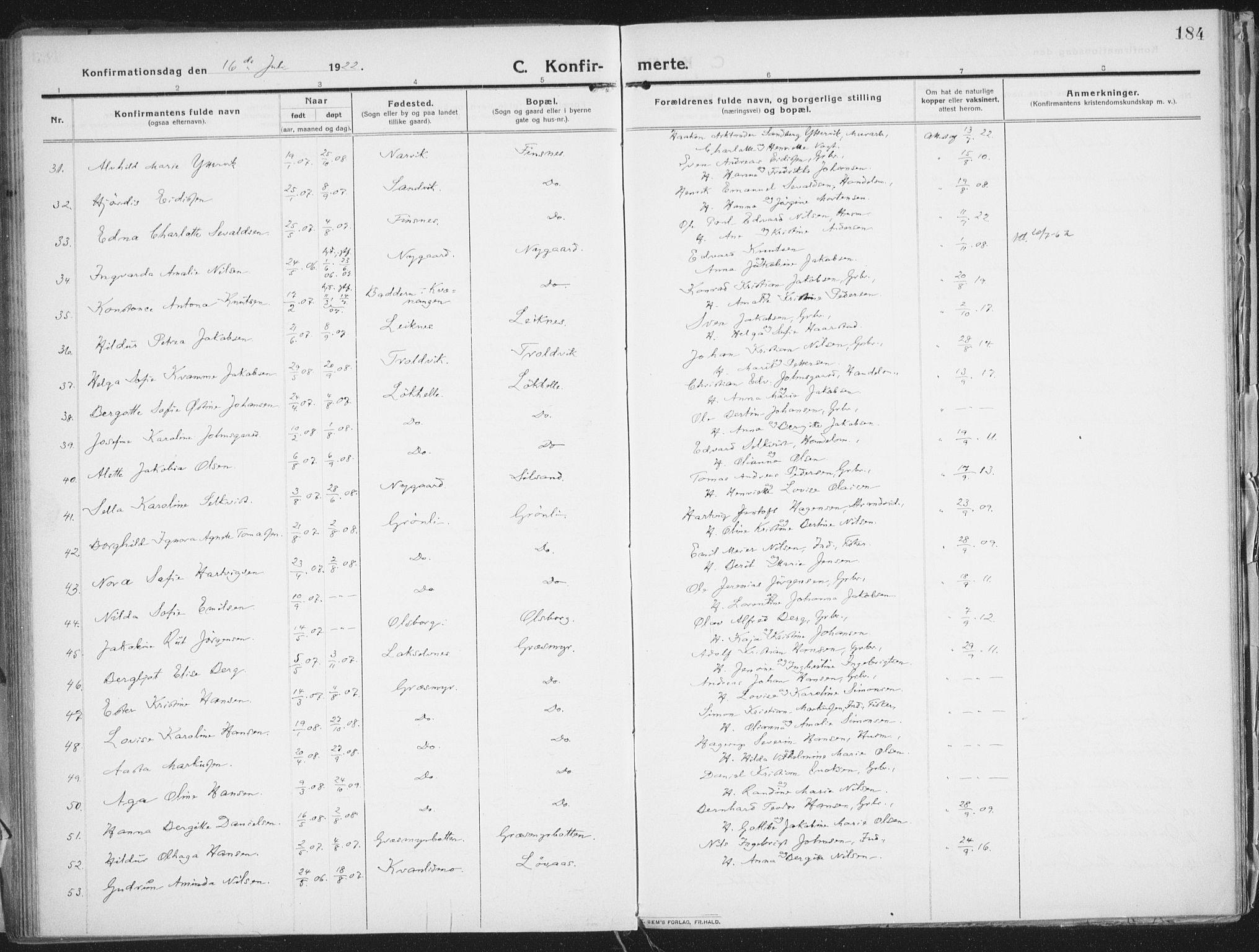 Lenvik sokneprestembete, AV/SATØ-S-1310/H/Ha/Haa/L0016kirke: Parish register (official) no. 16, 1910-1924, p. 184