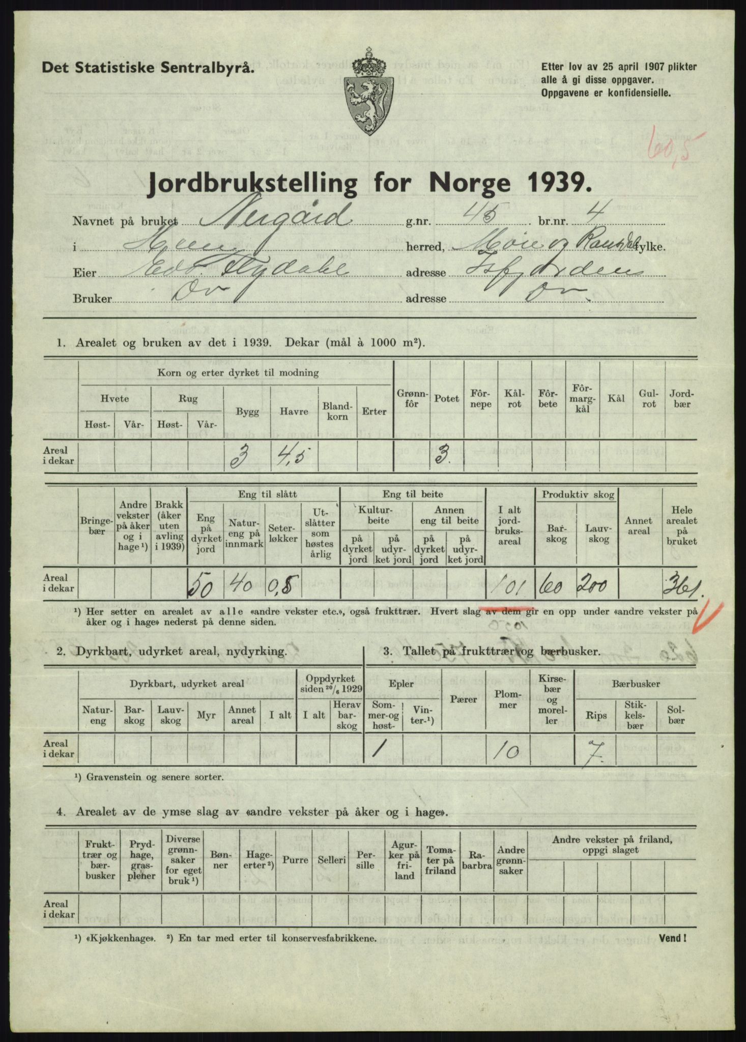 Statistisk sentralbyrå, Næringsøkonomiske emner, Jordbruk, skogbruk, jakt, fiske og fangst, AV/RA-S-2234/G/Gb/L0251: Møre og Romsdal: Voll, Eid, Grytten og Hen, 1939, p. 1413