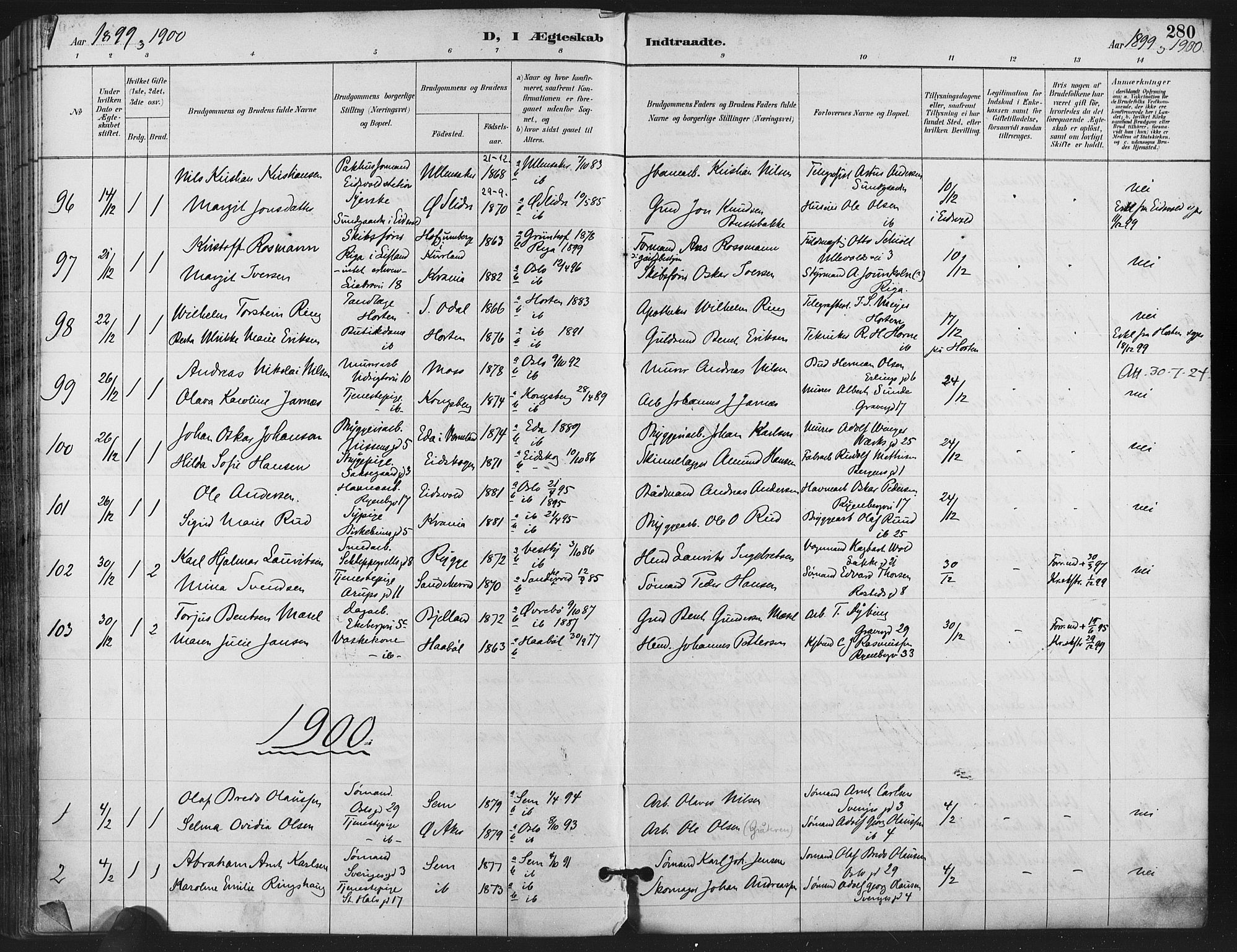 Gamlebyen prestekontor Kirkebøker, AV/SAO-A-10884/F/Fa/L0008: Parish register (official) no. 8, 1891-1908, p. 280