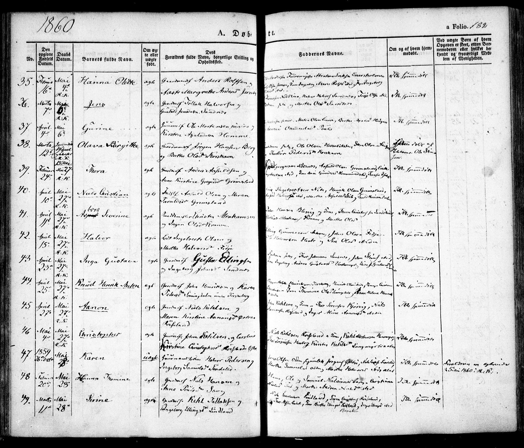 Søndeled sokneprestkontor, AV/SAK-1111-0038/F/Fa/L0002: Parish register (official) no. A 2, 1839-1860, p. 182