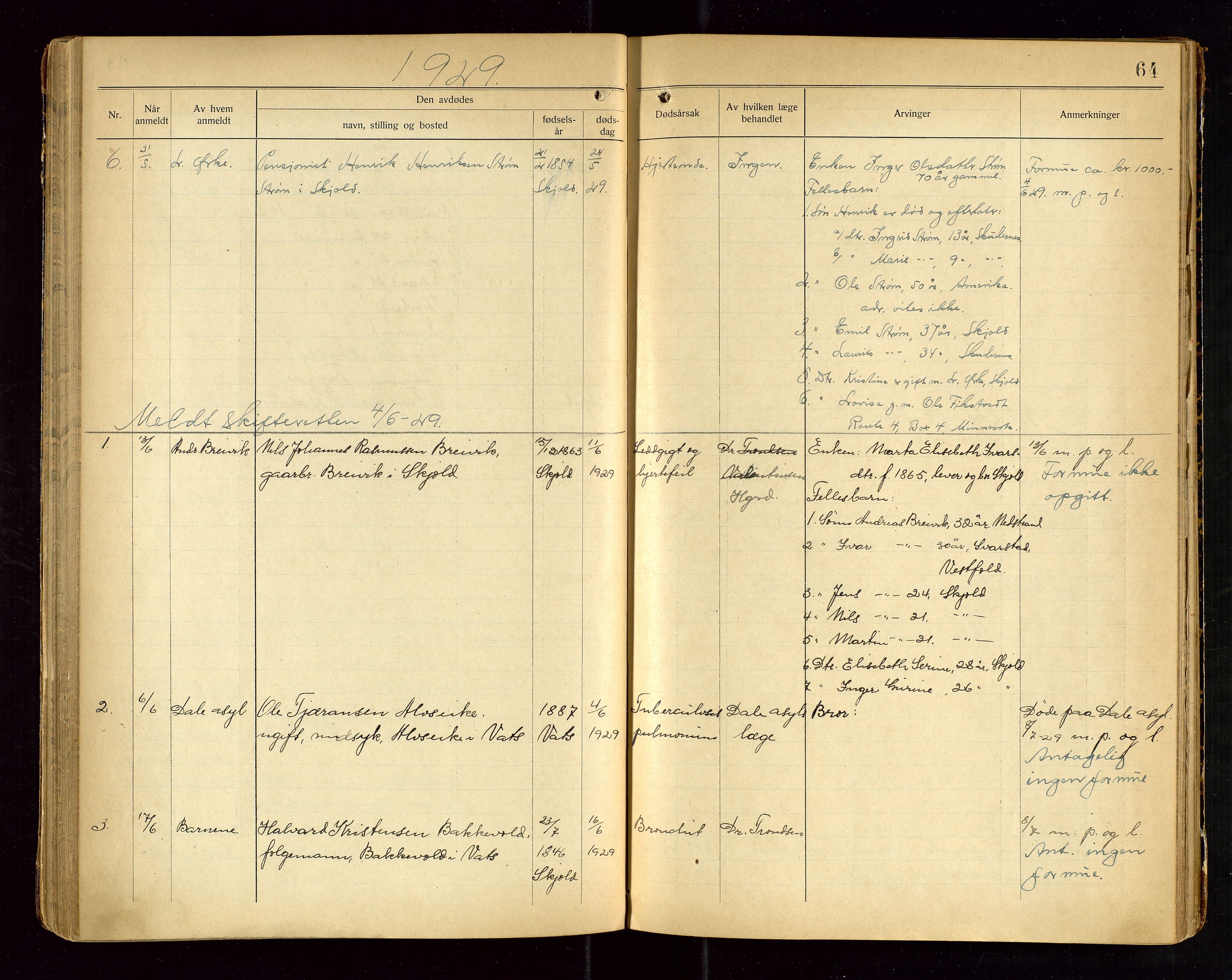 Skjold lensmannskontor, AV/SAST-A-100182/Gga/L0004: "Dødsfaldsprotkol for Skjold", 1922-1934, p. 64