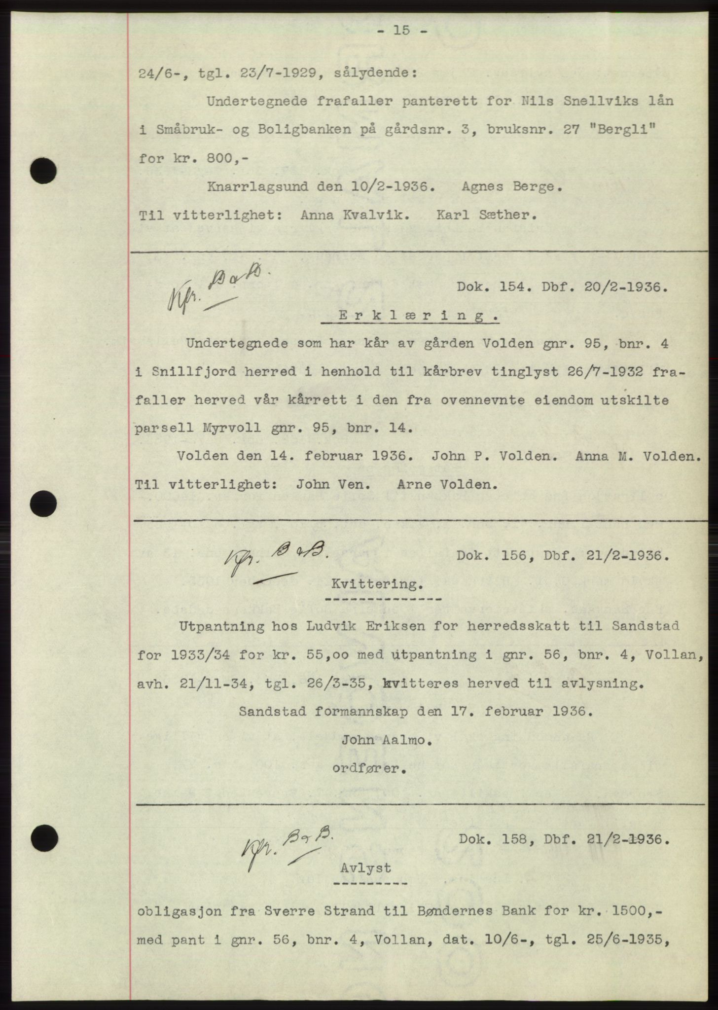 Hitra sorenskriveri, AV/SAT-A-0018/2/2C/2Ca: Mortgage book no. C1, 1936-1945, Diary no: : 154/1936