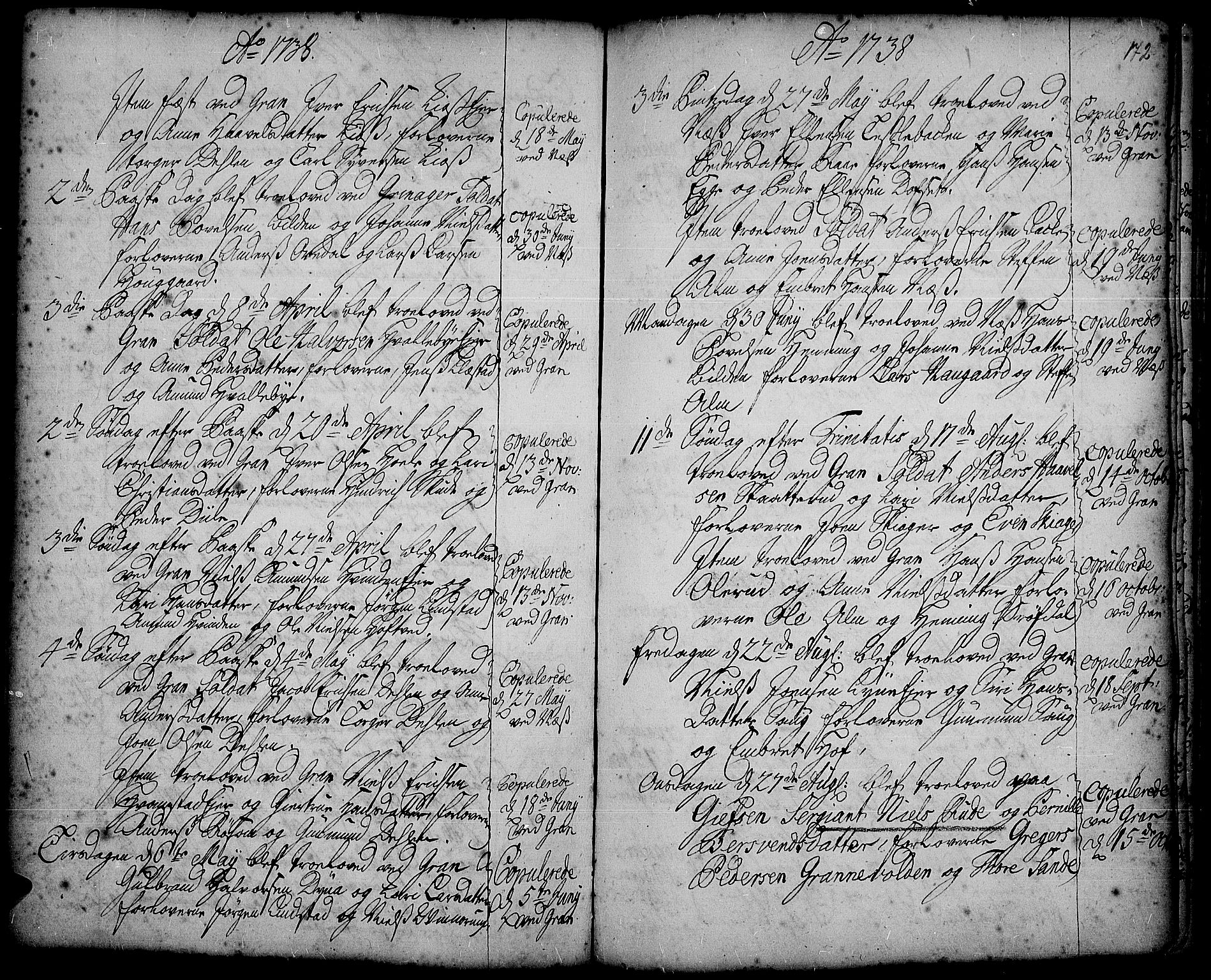 Gran prestekontor, SAH/PREST-112/H/Ha/Haa/L0002: Parish register (official) no. 2, 1732-1744, p. 172