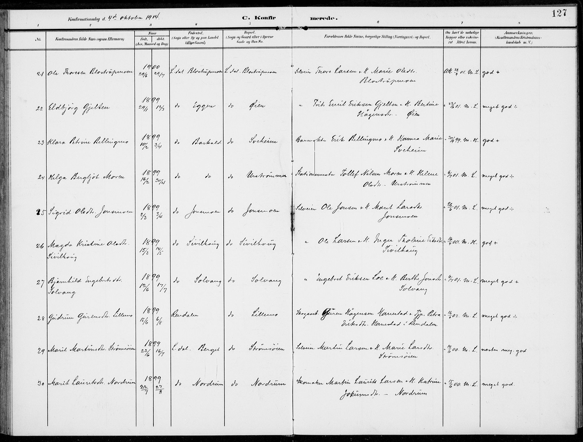 Alvdal prestekontor, AV/SAH-PREST-060/H/Ha/Haa/L0004: Parish register (official) no. 4, 1907-1919, p. 127