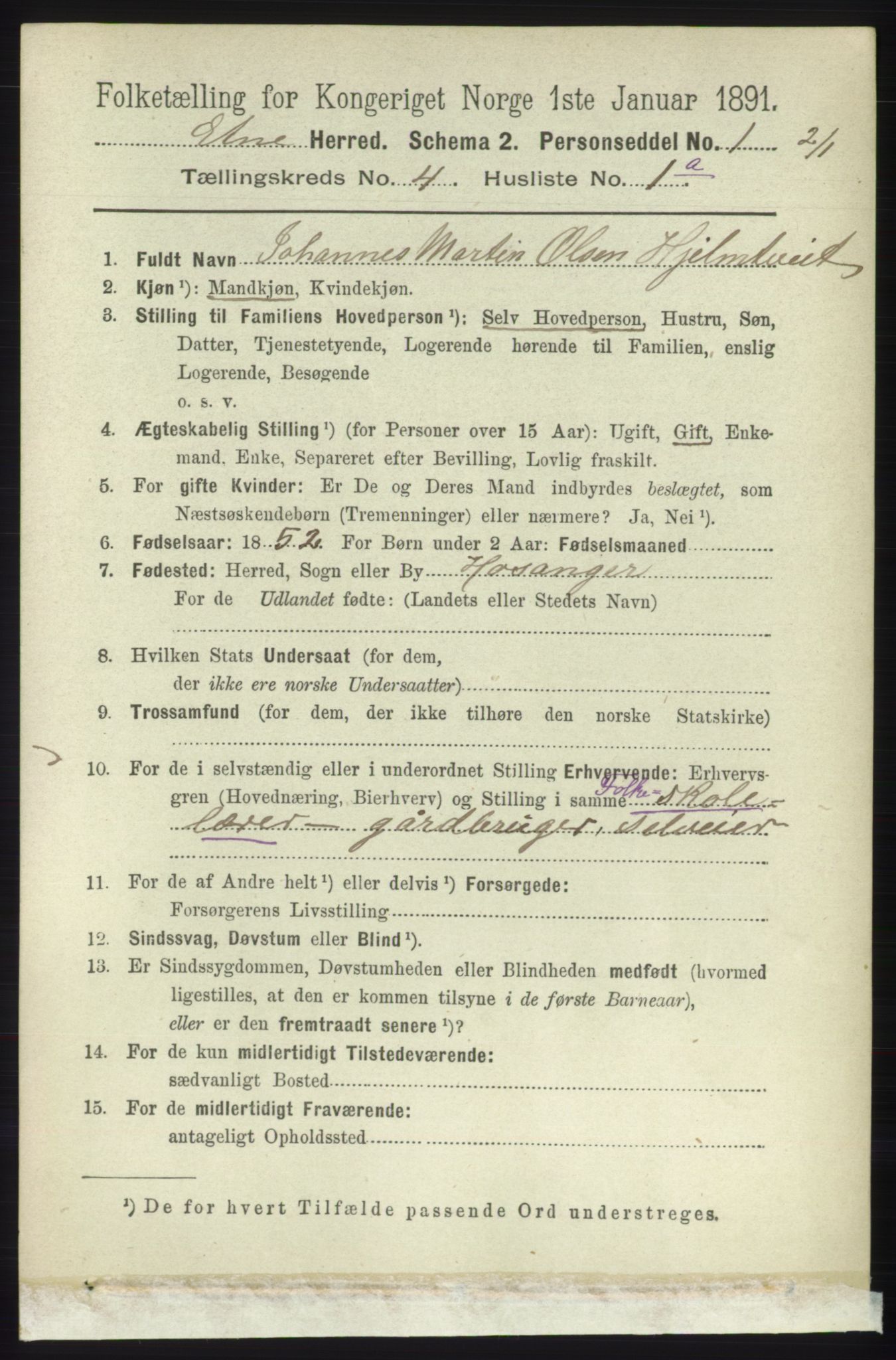 RA, 1891 census for 1211 Etne, 1891, p. 853