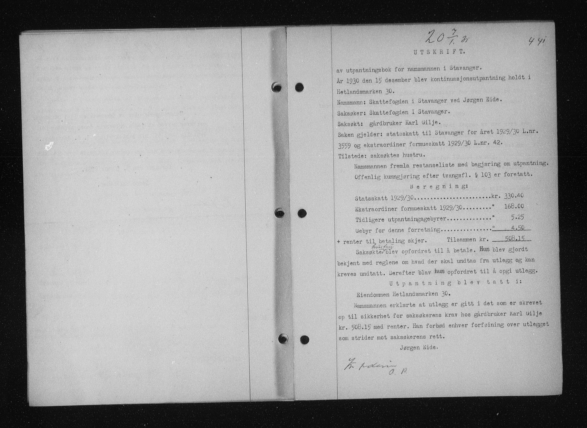 Stavanger byfogd, SAST/A-101408/001/4/41/410/410BB/L0058: Mortgage book no. 48, 1930-1931, Deed date: 07.01.1930