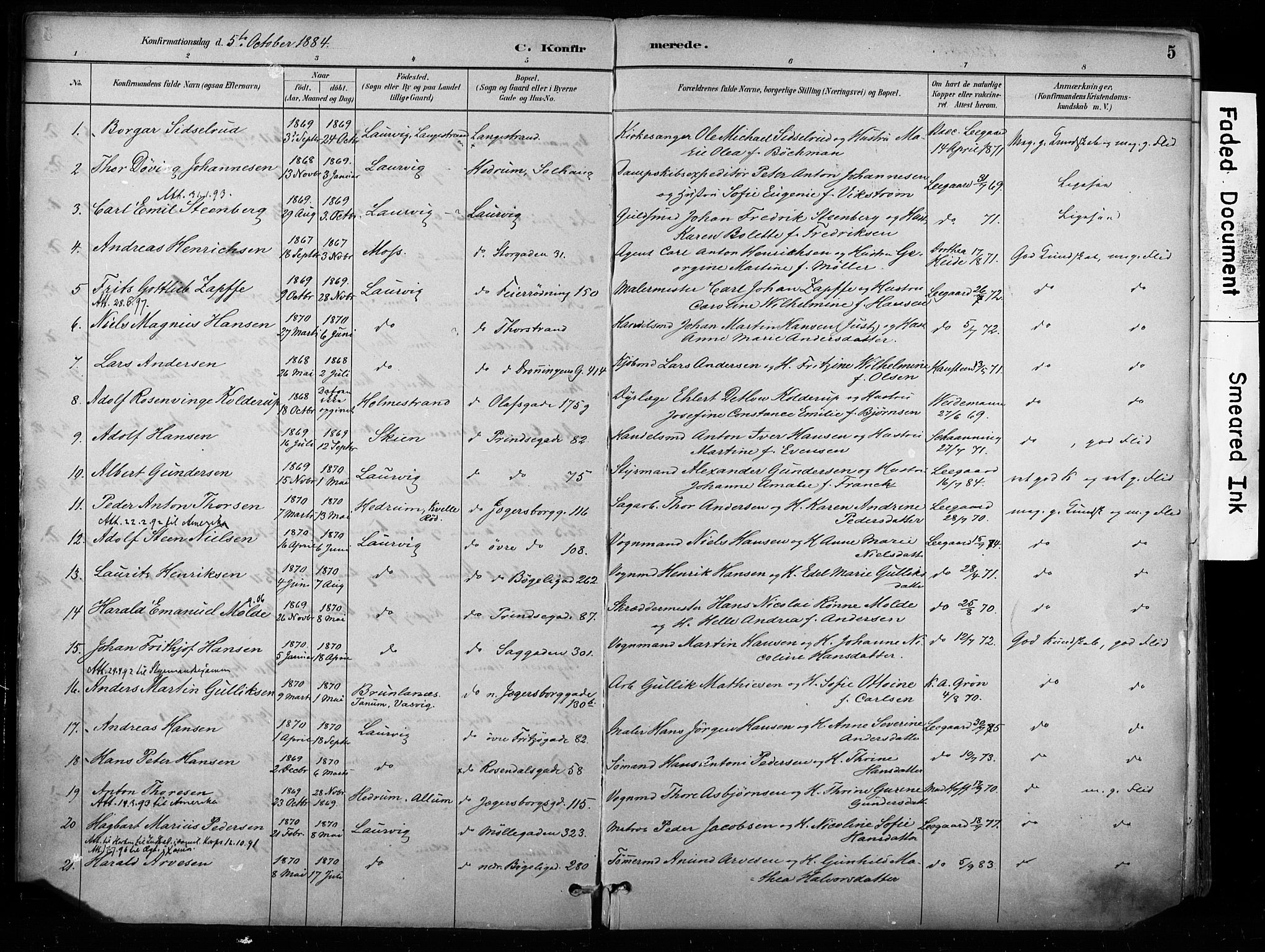 Larvik kirkebøker, AV/SAKO-A-352/F/Fa/L0008: Parish register (official) no. I 8, 1884-1902, p. 5