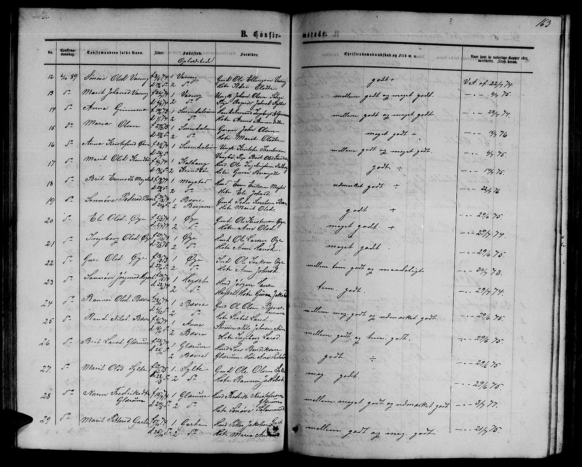 Ministerialprotokoller, klokkerbøker og fødselsregistre - Møre og Romsdal, SAT/A-1454/595/L1051: Parish register (copy) no. 595C03, 1866-1891, p. 163