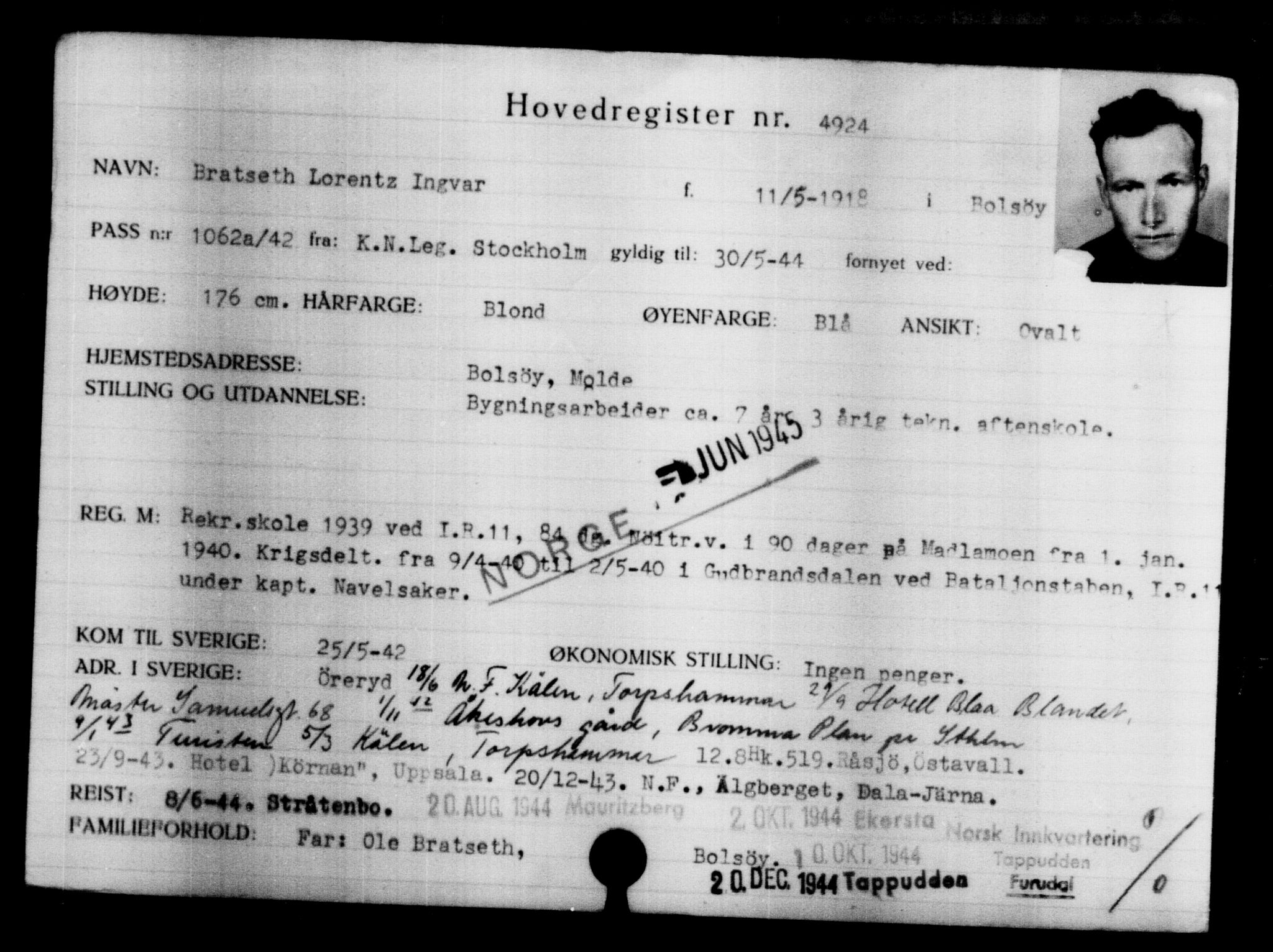 Utenriksstasjonene, Legasjonen i Stockholm, Flyktningkontoret, AV/RA-S-6753/V/Va/L0004: Kjesäterkartoteket, flyktninger med registreringsnr. 3496-6610, 1940-1945, p. 1688