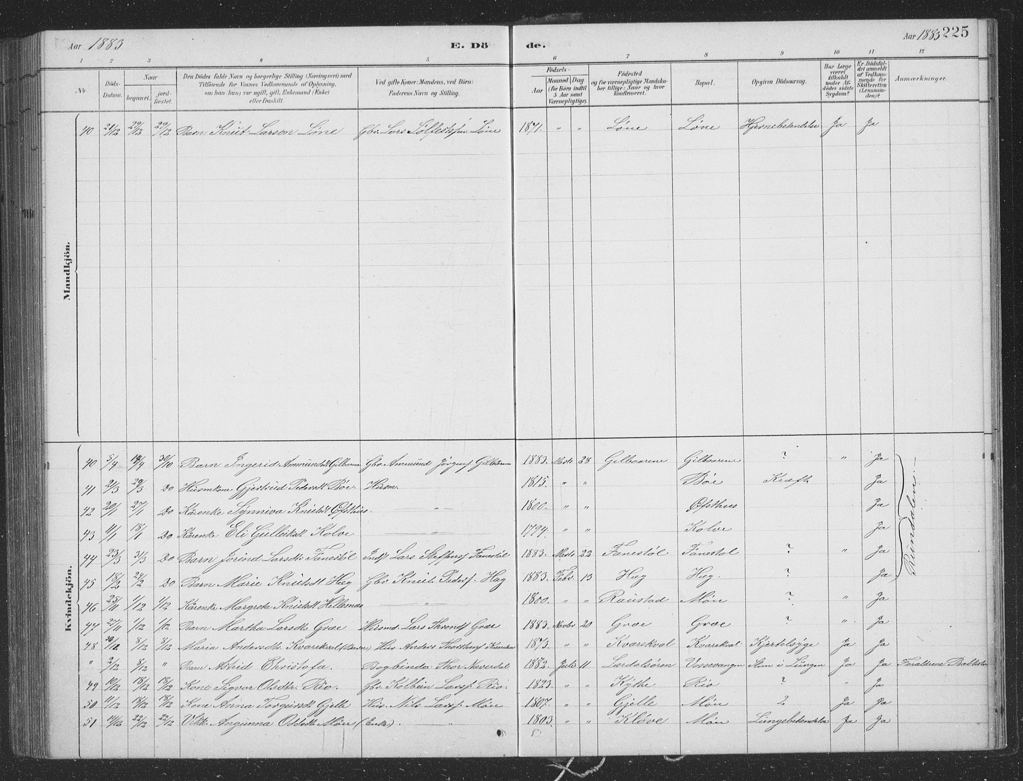 Voss sokneprestembete, SAB/A-79001/H/Hab: Parish register (copy) no. B 3, 1879-1894, p. 225