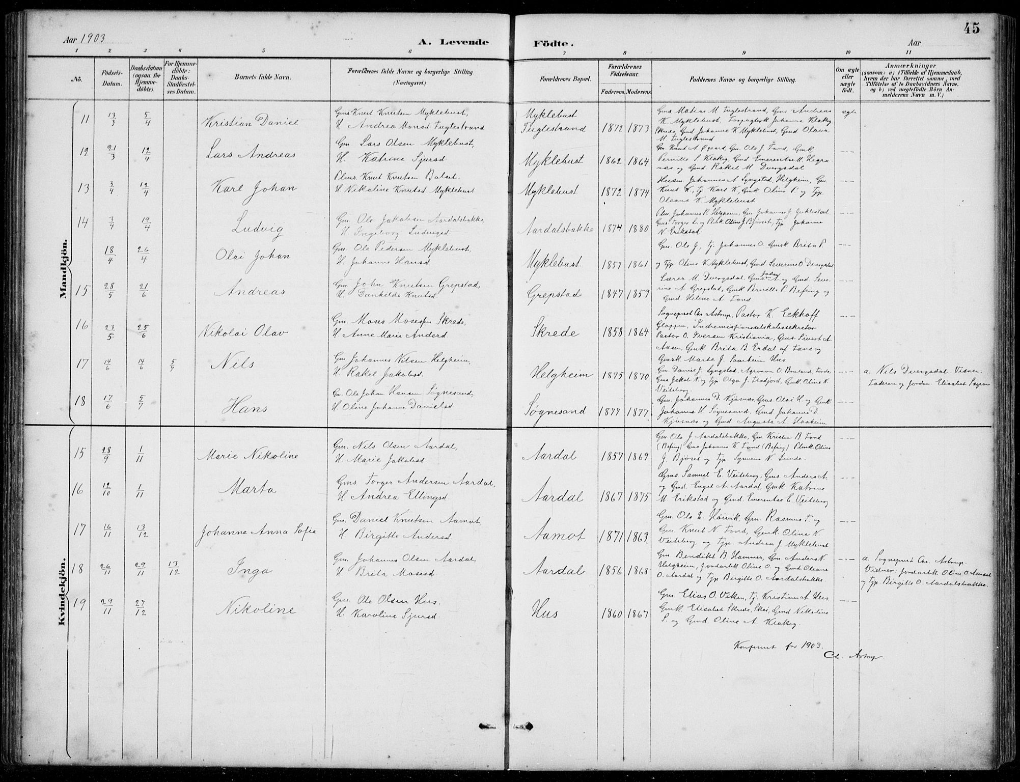 Jølster sokneprestembete, SAB/A-80701/H/Hab/Habb/L0002: Parish register (copy) no. B 2, 1887-1920, p. 45