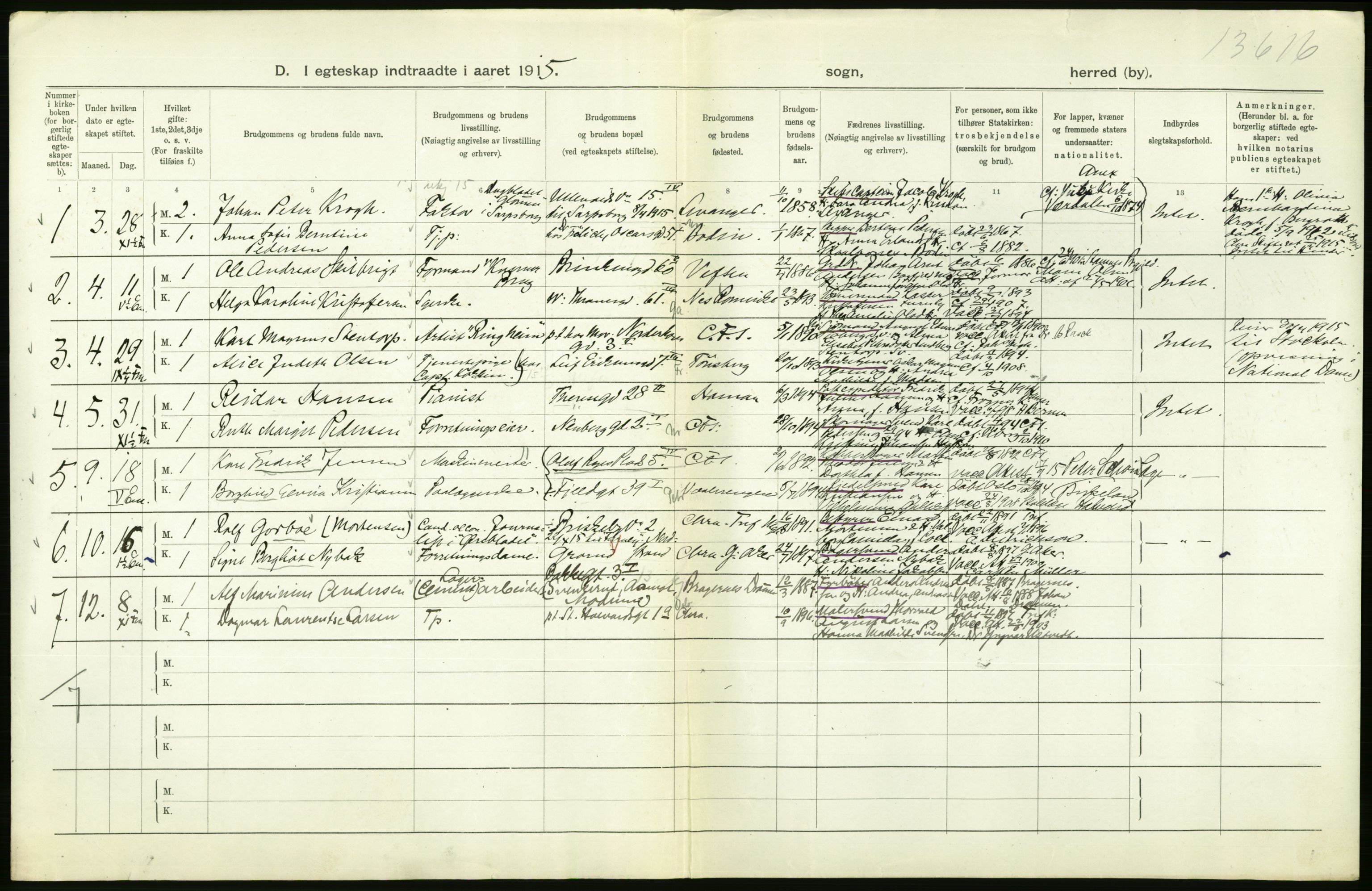 Statistisk sentralbyrå, Sosiodemografiske emner, Befolkning, RA/S-2228/D/Df/Dfb/Dfbe/L0008: Kristiania: Gifte., 1915, p. 630