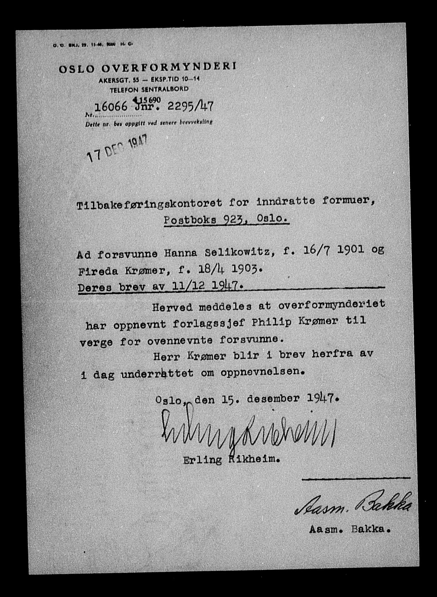 Justisdepartementet, Tilbakeføringskontoret for inndratte formuer, AV/RA-S-1564/H/Hc/Hcc/L0981: --, 1945-1947, p. 152