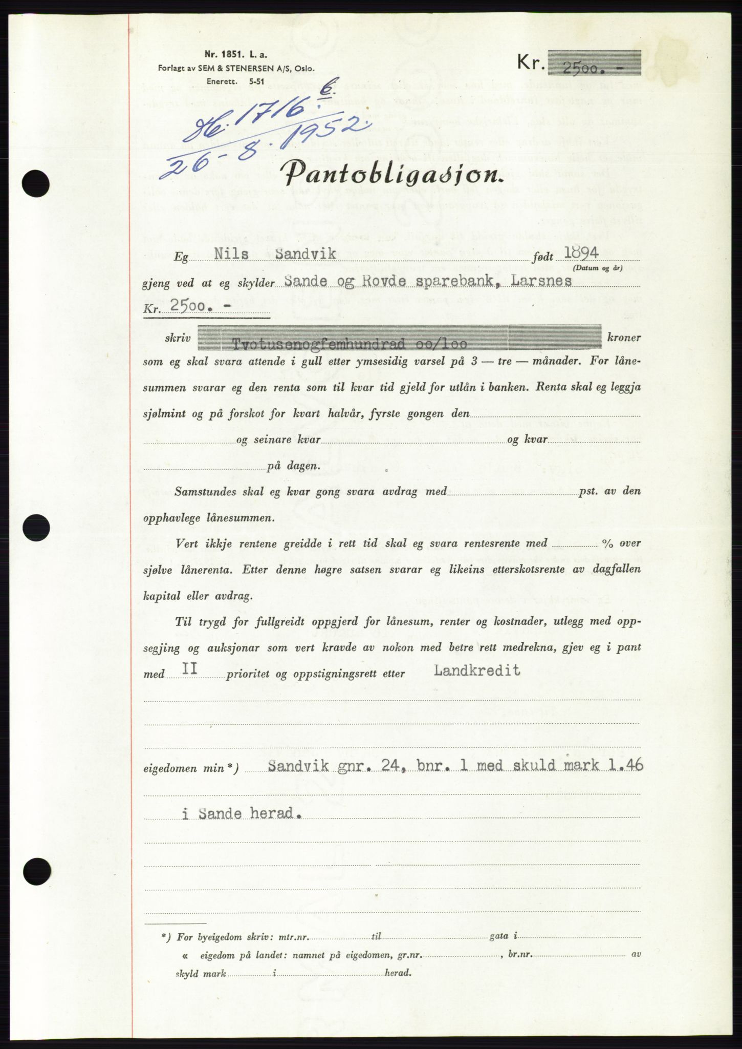Søre Sunnmøre sorenskriveri, AV/SAT-A-4122/1/2/2C/L0122: Mortgage book no. 10B, 1952-1953, Diary no: : 1716/1952