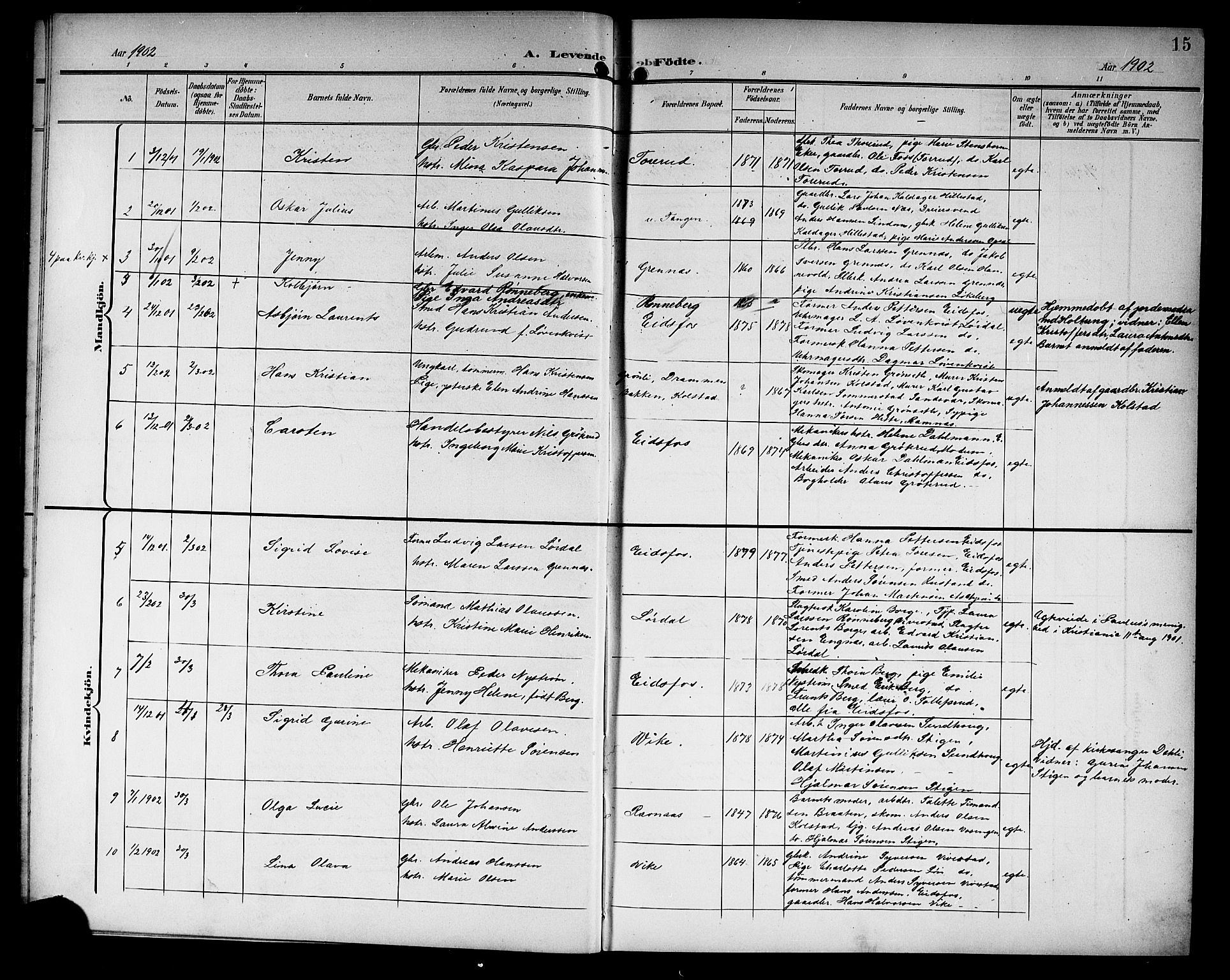 Hof kirkebøker, AV/SAKO-A-64/G/Ga/L0005: Parish register (copy) no. I 5, 1899-1922, p. 15