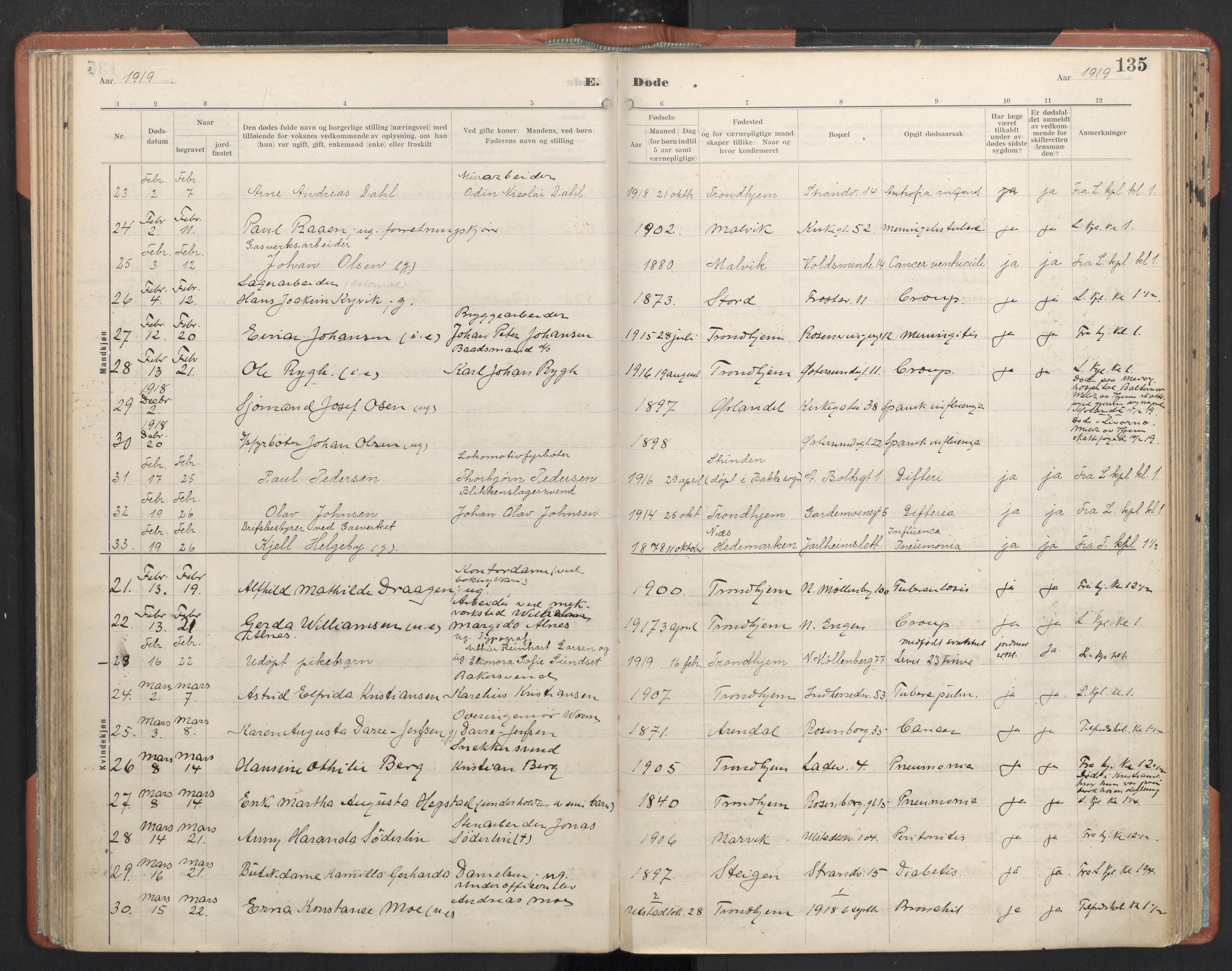 Ministerialprotokoller, klokkerbøker og fødselsregistre - Sør-Trøndelag, AV/SAT-A-1456/605/L0245: Parish register (official) no. 605A07, 1916-1938, p. 135