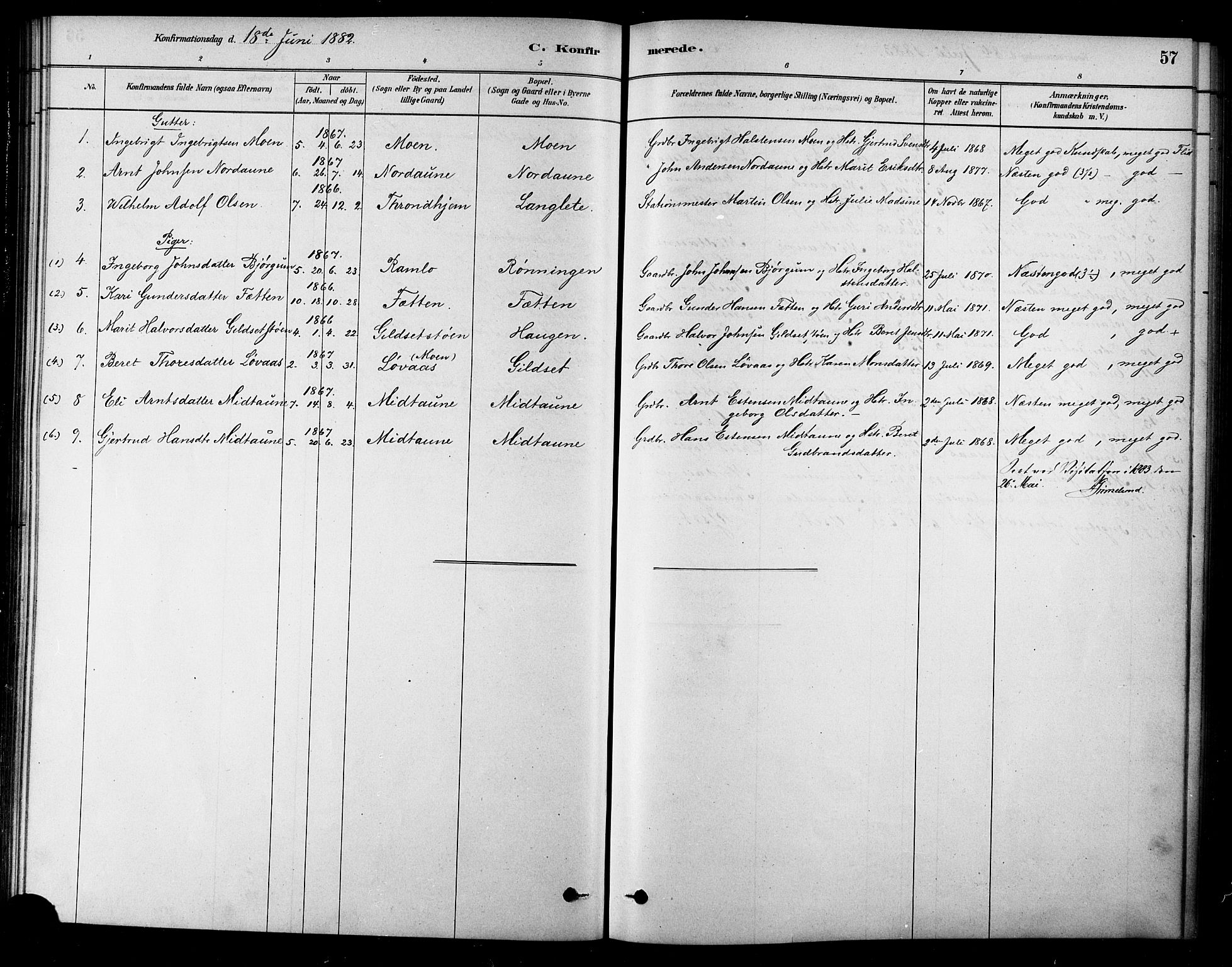 Ministerialprotokoller, klokkerbøker og fødselsregistre - Sør-Trøndelag, SAT/A-1456/685/L0972: Parish register (official) no. 685A09, 1879-1890, p. 57