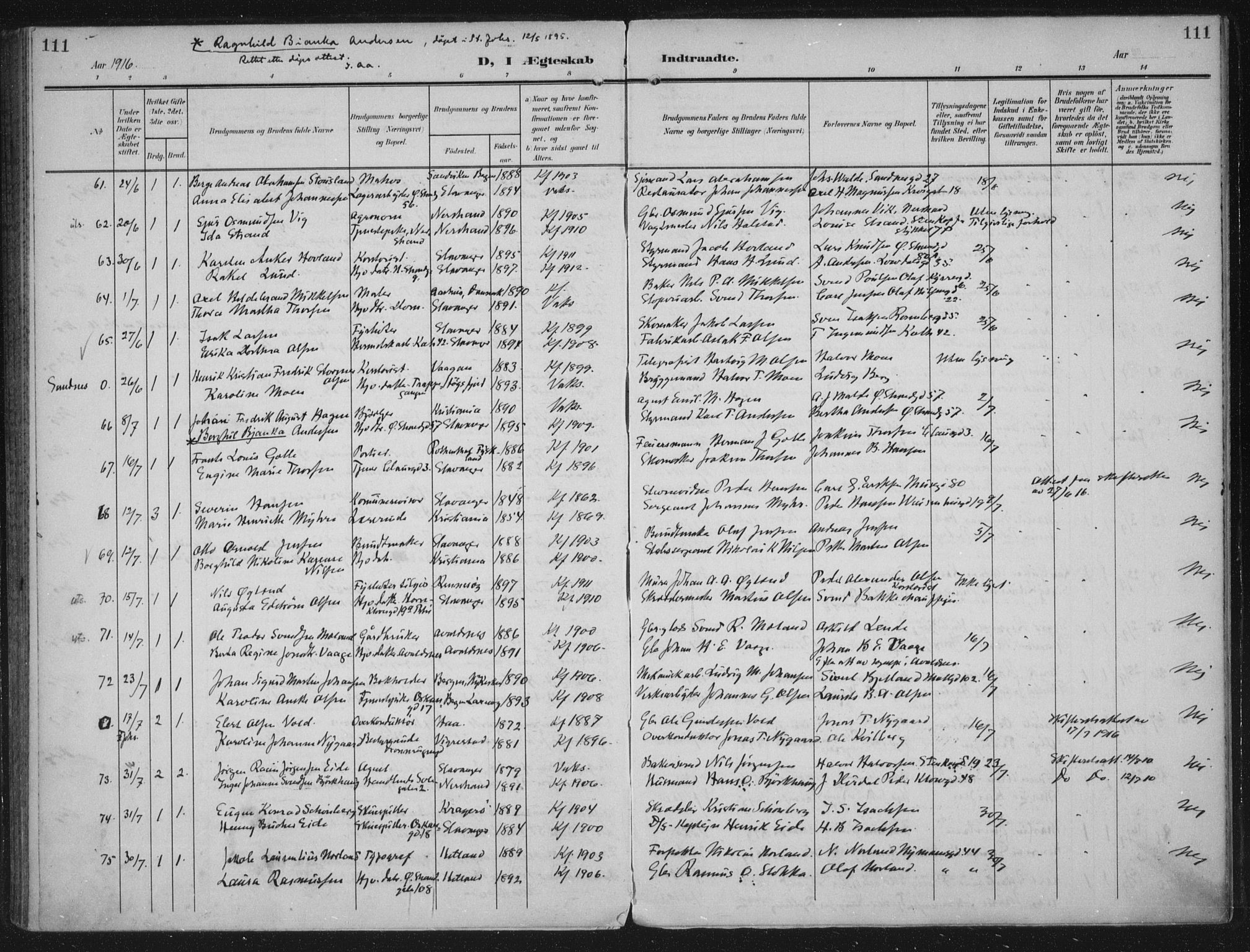 Domkirken sokneprestkontor, AV/SAST-A-101812/002/A/L0016: Parish register (official) no. A 33, 1905-1922, p. 111