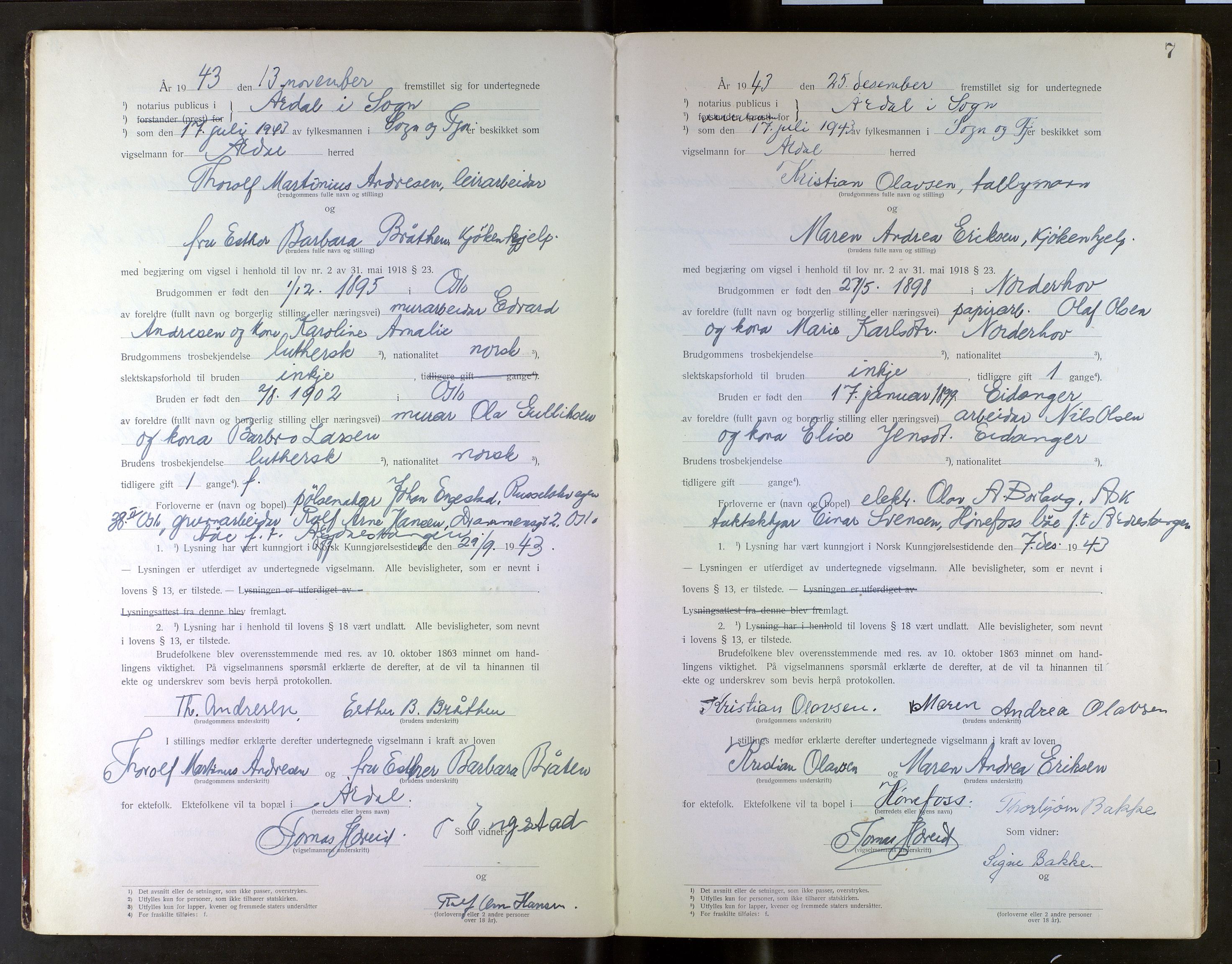 Indre Sogn tingrett, AV/SAB-A-3301/1/L/La/Lab/L0001: Vigselsbok Årdal, 1920-1969, p. 7