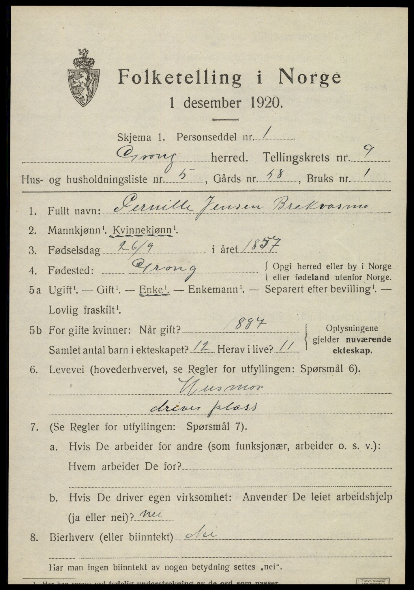 SAT, 1920 census for Grong, 1920, p. 5181