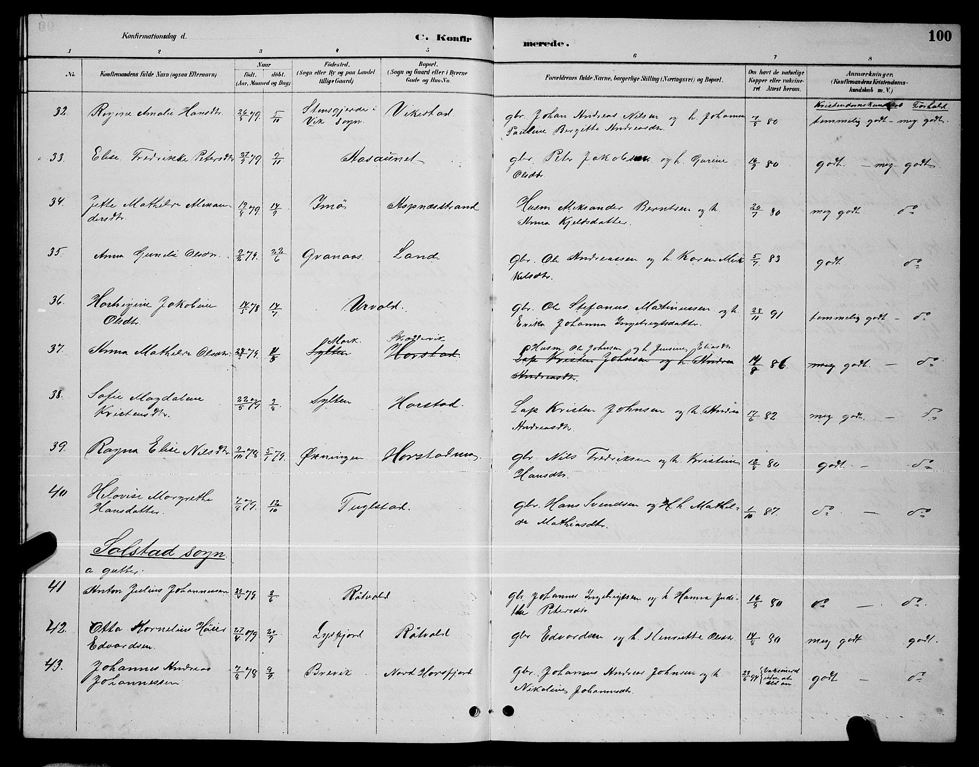 Ministerialprotokoller, klokkerbøker og fødselsregistre - Nordland, AV/SAT-A-1459/810/L0160: Parish register (copy) no. 810C03, 1884-1896, p. 100