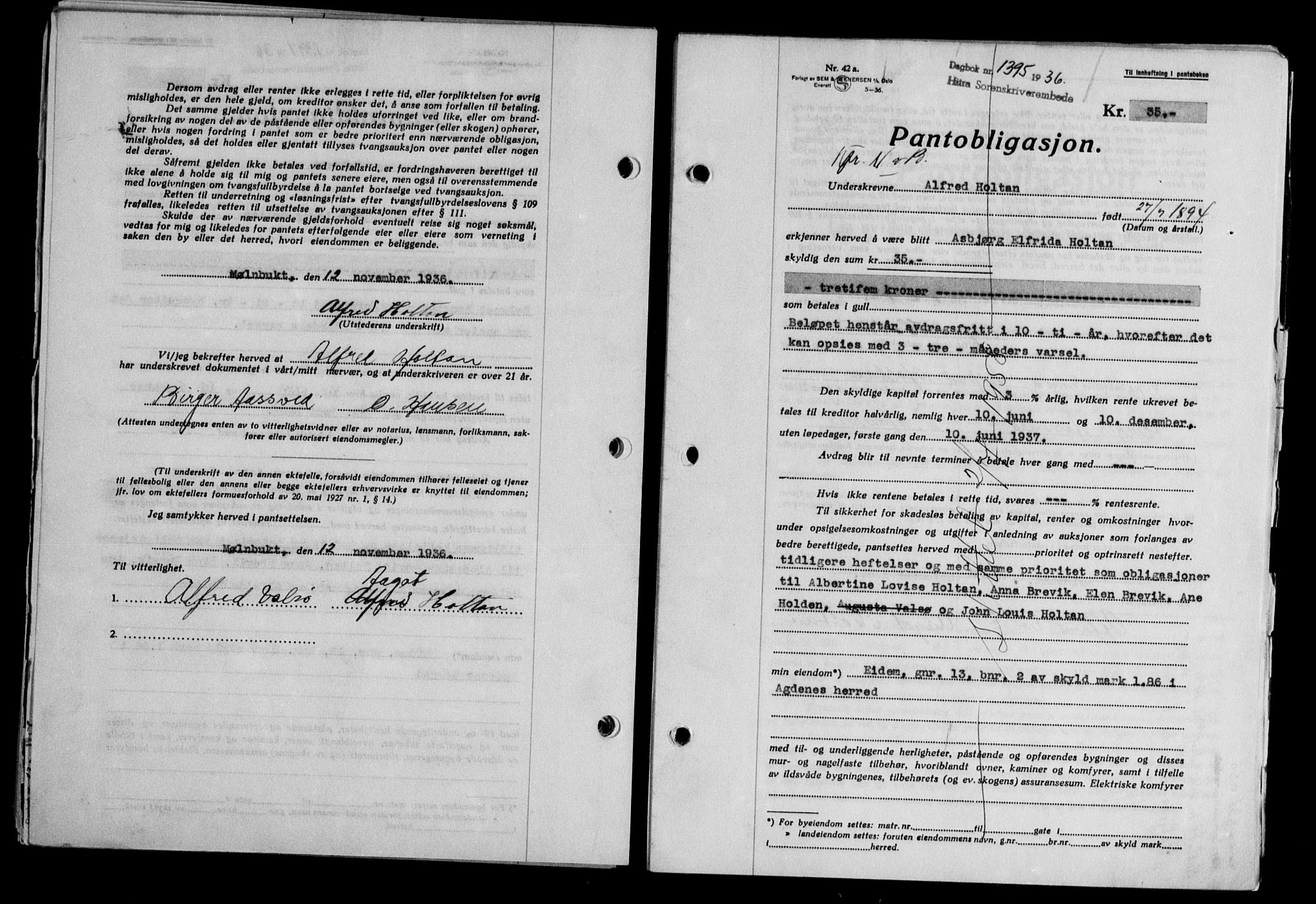Hitra sorenskriveri, AV/SAT-A-0018/2/2C/2Ca/L0028: Mortgage book no. B-1, 1936-1939, Diary no: : 1395/1936