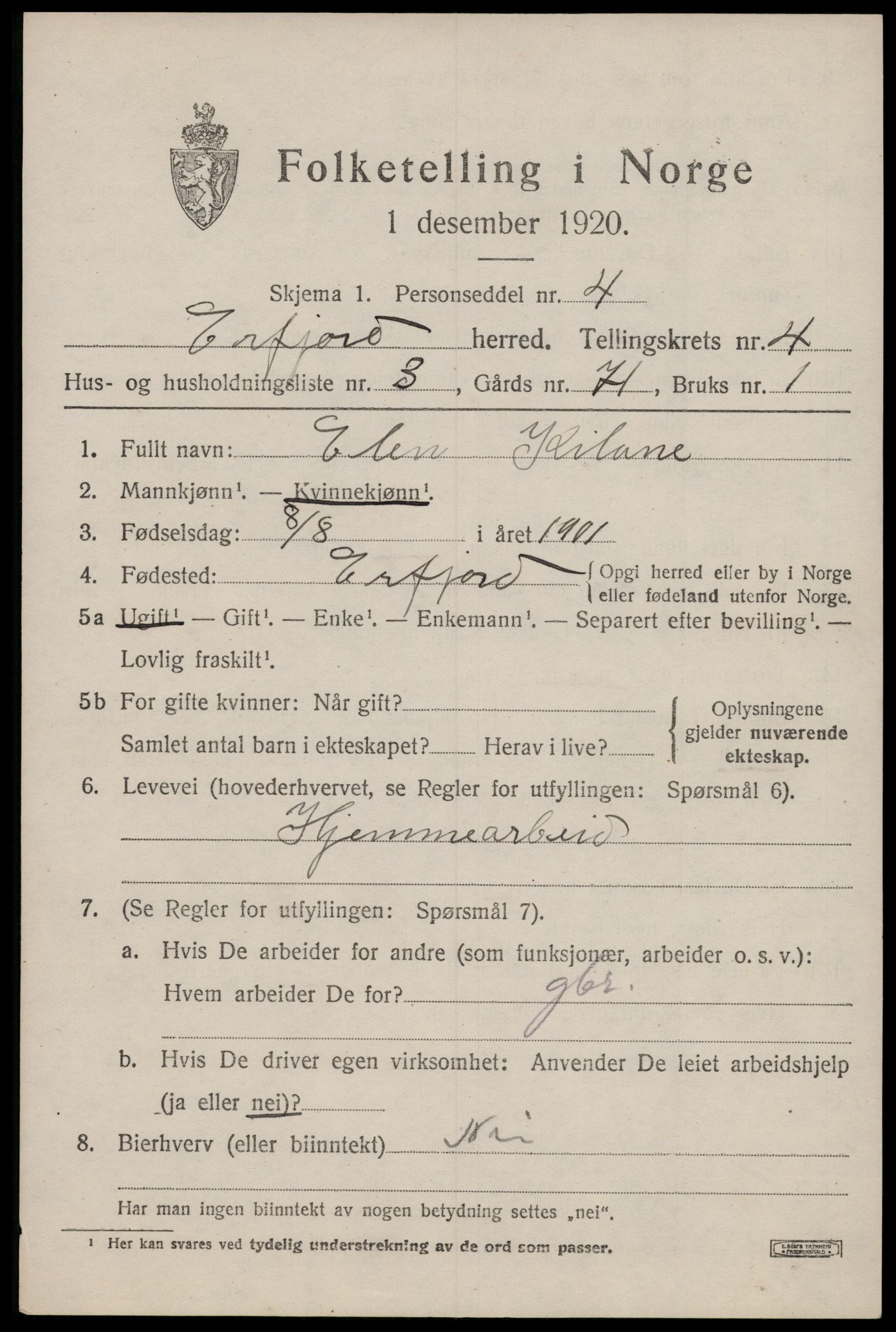 SAST, 1920 census for Erfjord, 1920, p. 1289