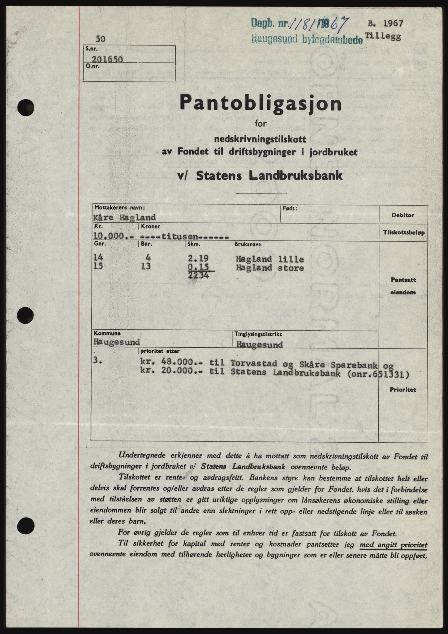 Haugesund tingrett, SAST/A-101415/01/II/IIC/L0056: Mortgage book no. B 56, 1966-1967, Diary no: : 1181/1967