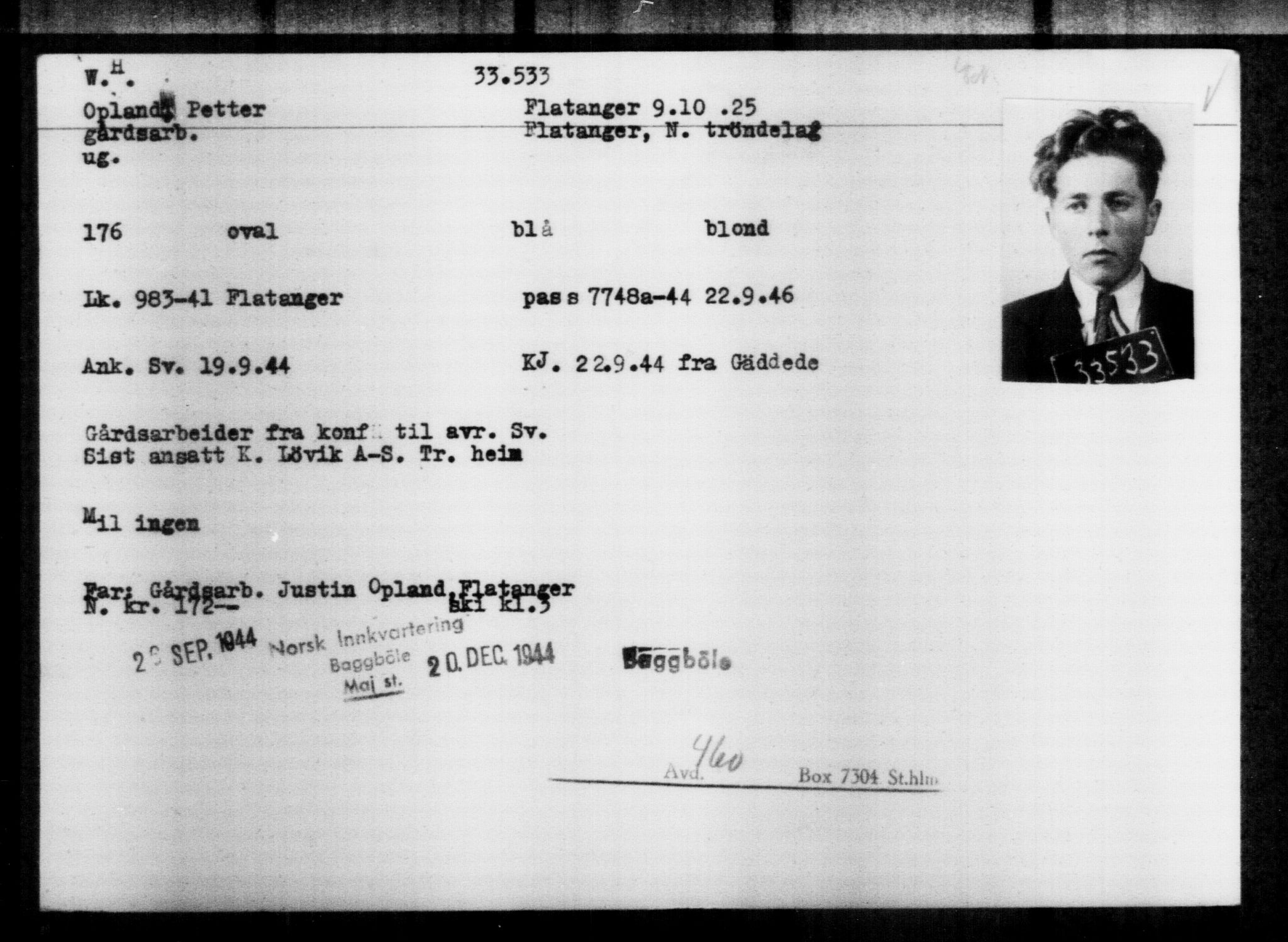 Utenriksstasjonene, Legasjonen i Stockholm, Flyktningkontoret, AV/RA-S-6753/V/Va/L0013: Kjesäterkartoteket, flyktninger med registreringsnr. 31500-34731, 1940-1945, p. 2143