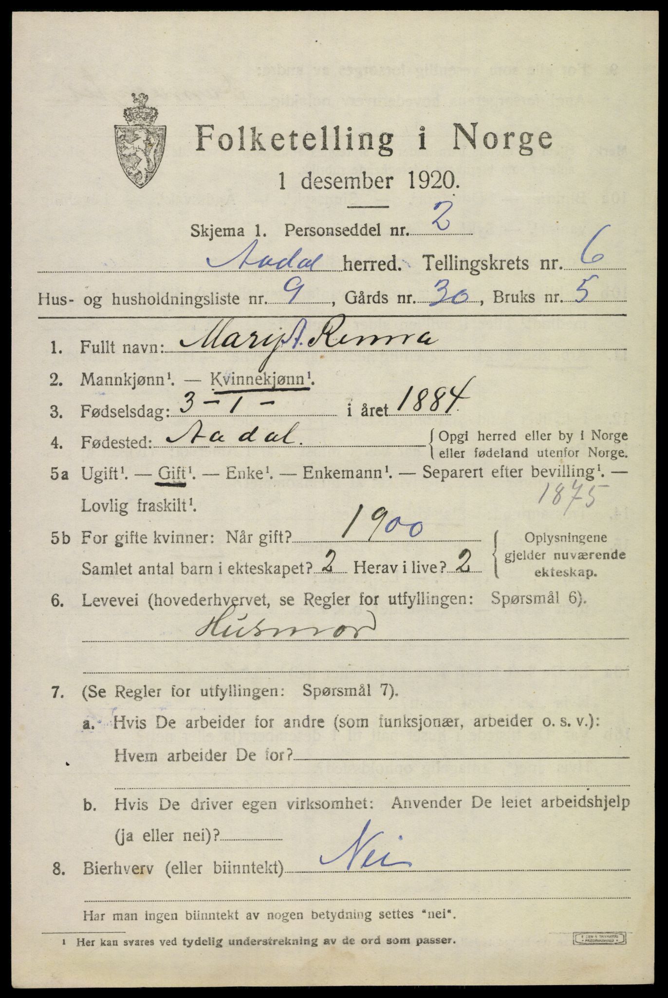 SAKO, 1920 census for Ådal, 1920, p. 4718