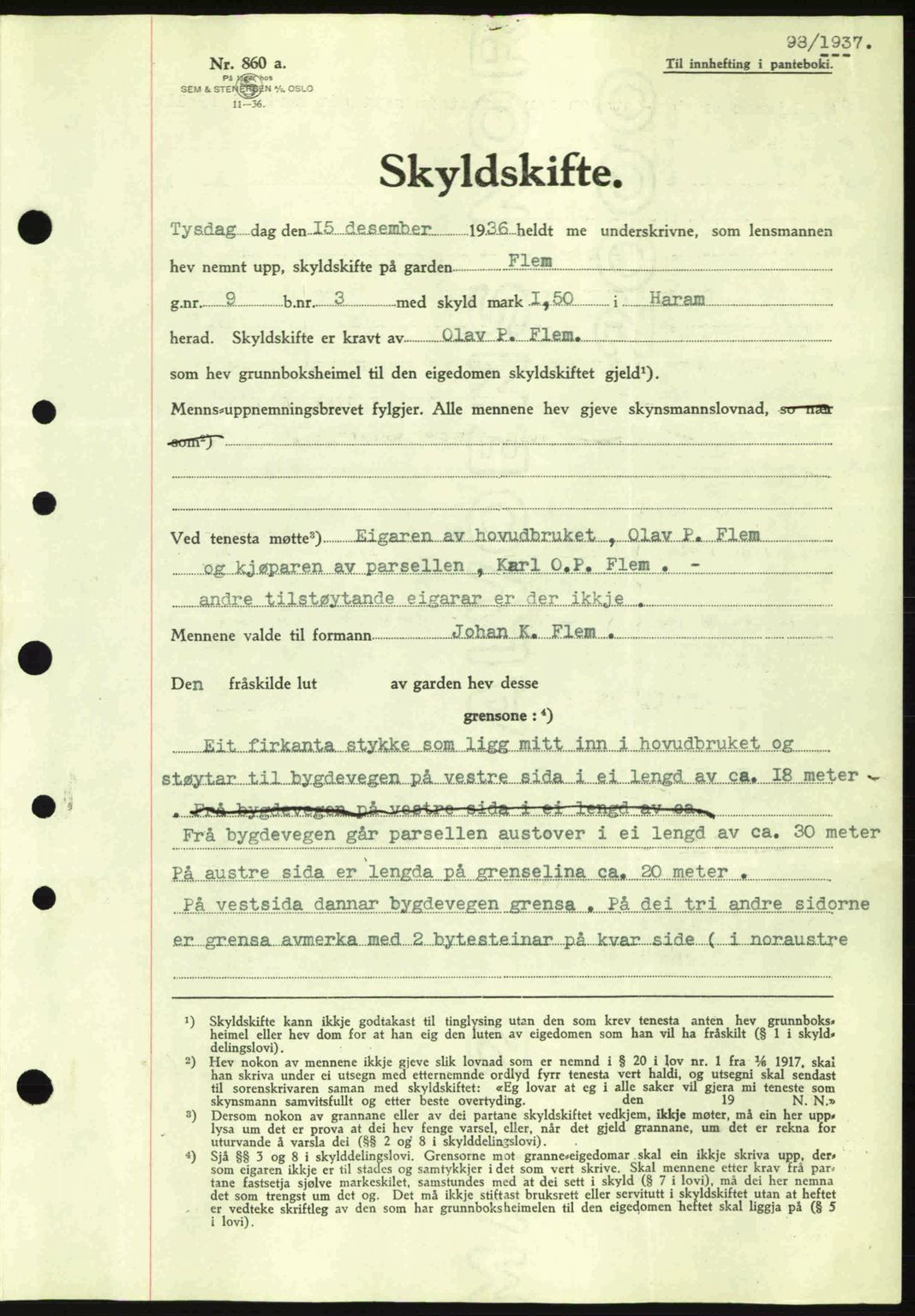 Nordre Sunnmøre sorenskriveri, AV/SAT-A-0006/1/2/2C/2Ca: Mortgage book no. A2, 1936-1937, Diary no: : 98/1937