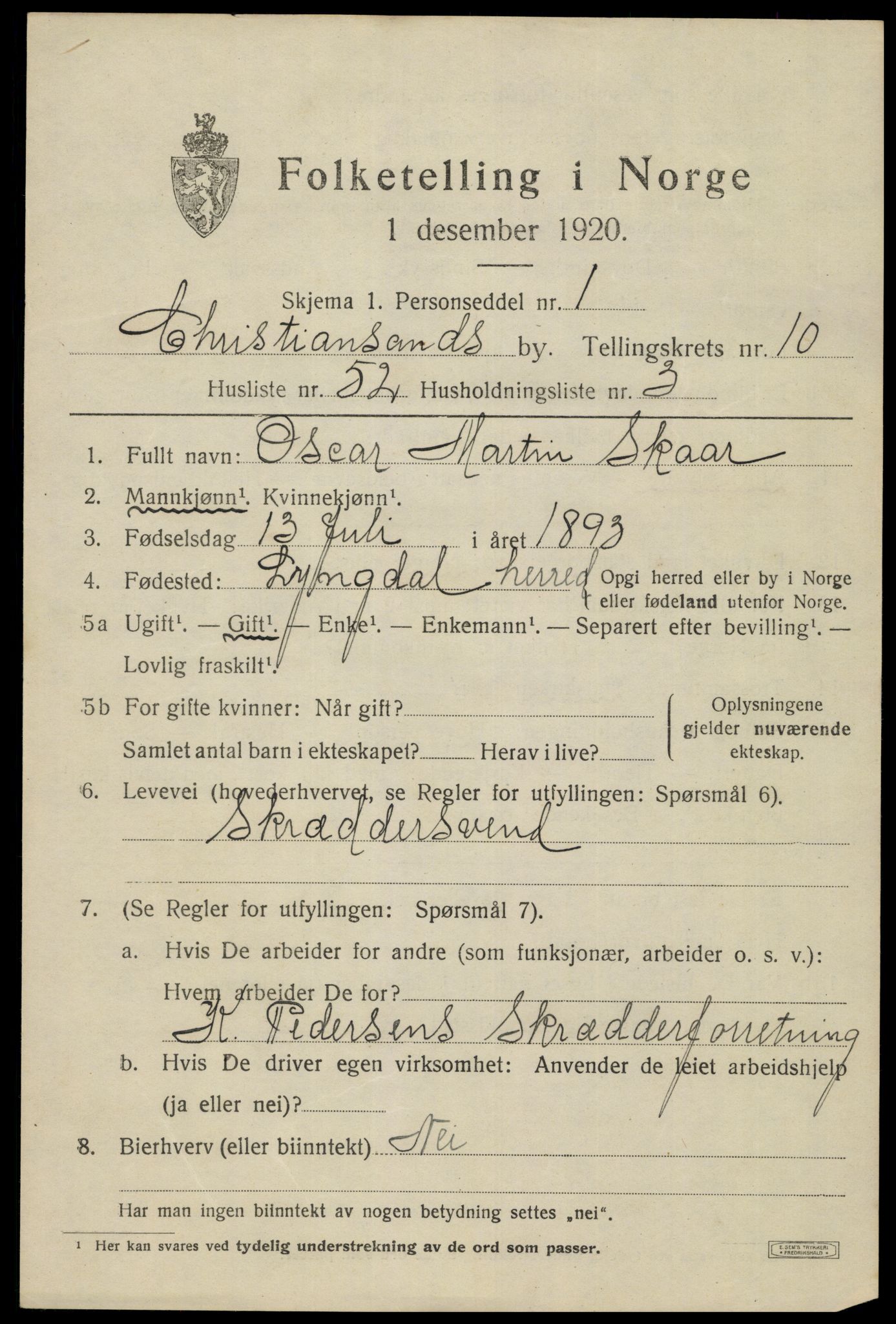 SAK, 1920 census for Kristiansand, 1920, p. 24643