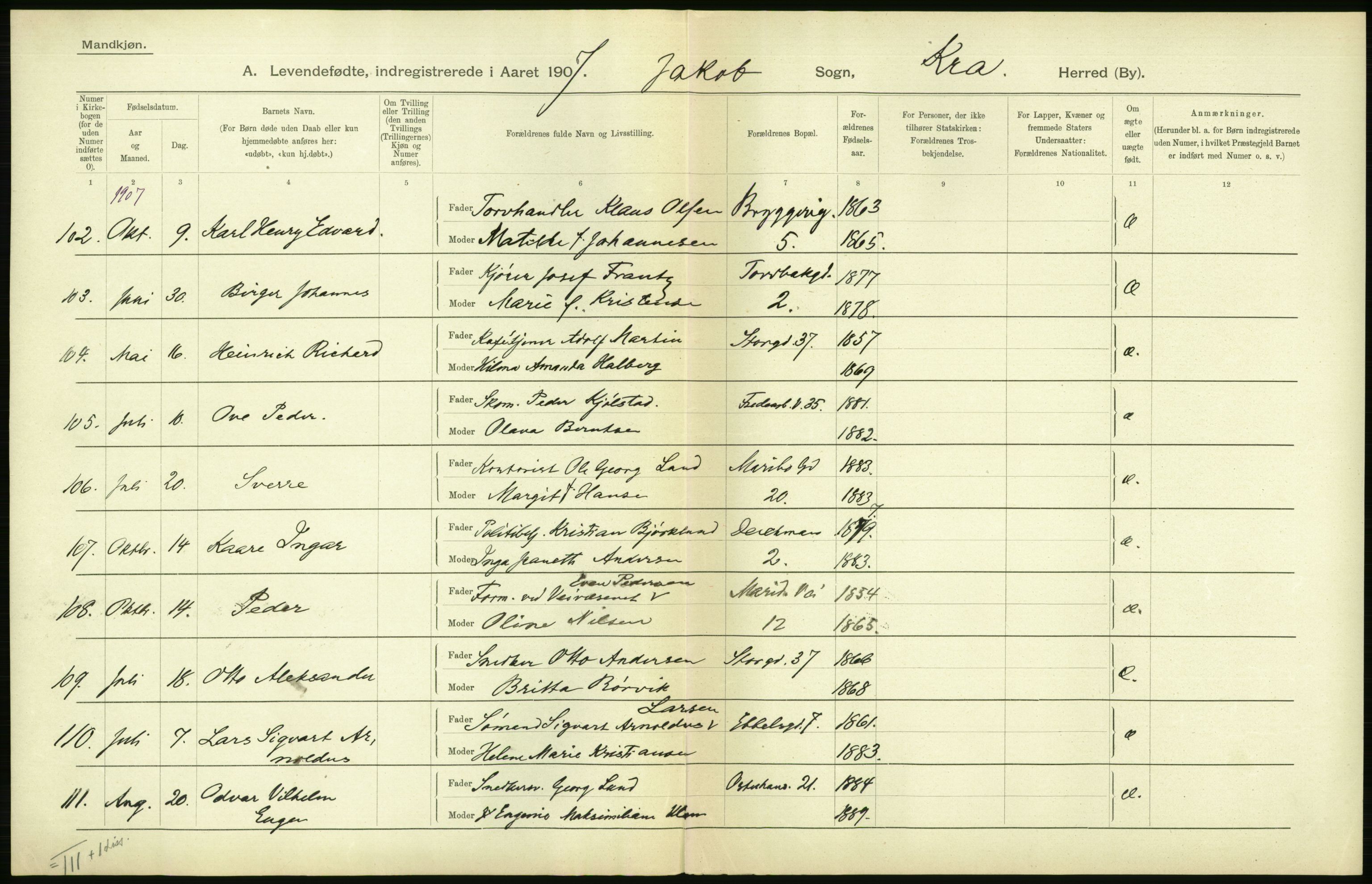 Statistisk sentralbyrå, Sosiodemografiske emner, Befolkning, AV/RA-S-2228/D/Df/Dfa/Dfae/L0007: Kristiania: Levendefødte menn og kvinner., 1907, p. 370