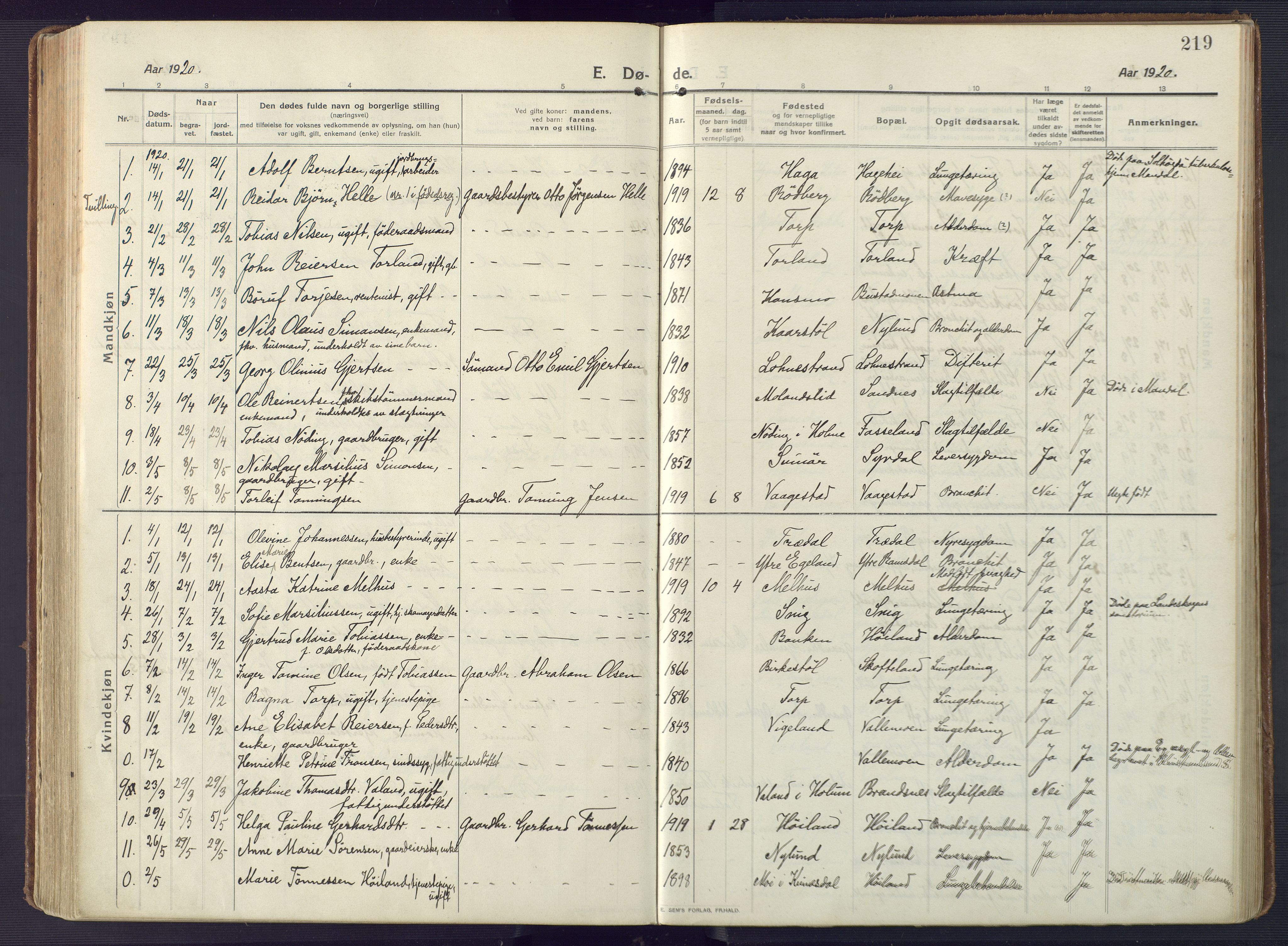 Sør-Audnedal sokneprestkontor, AV/SAK-1111-0039/F/Fa/Fab/L0011: Parish register (official) no. A 11, 1912-1938, p. 219