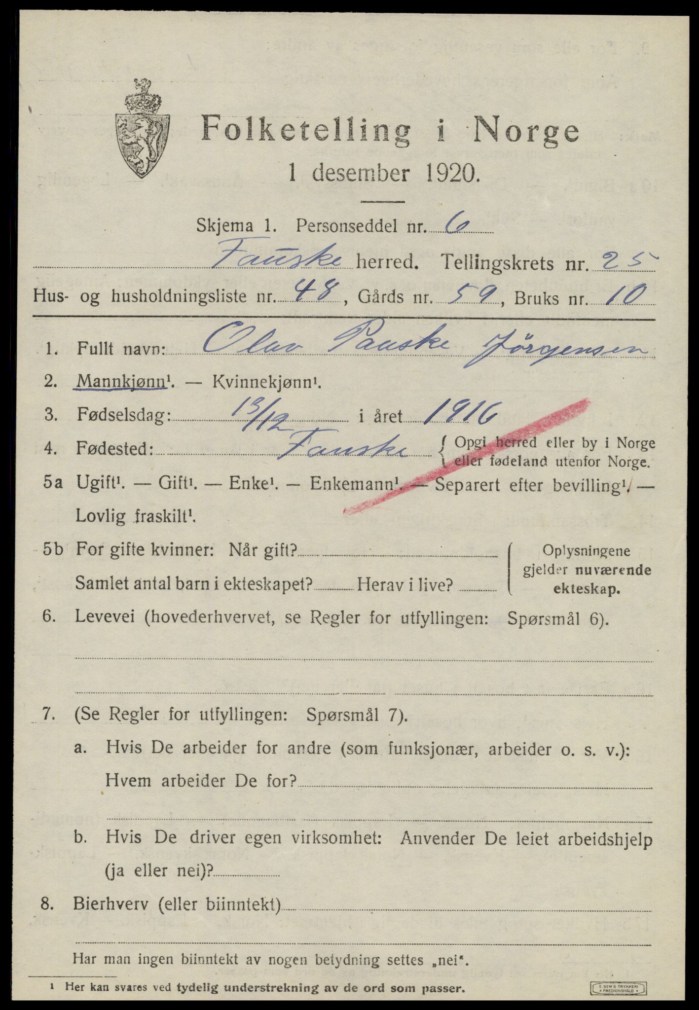 SAT, 1920 census for Fauske, 1920, p. 15692