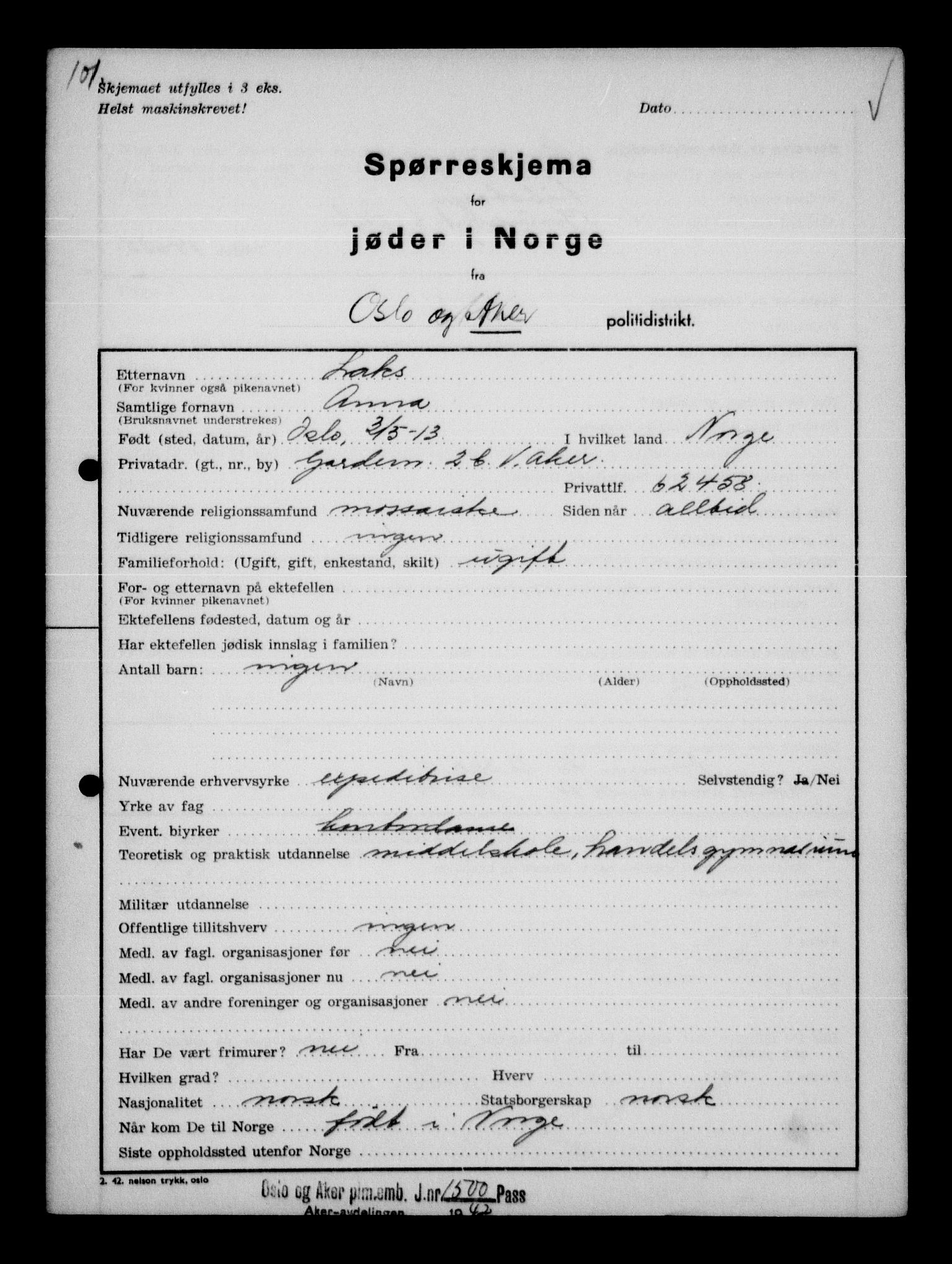 Statspolitiet - Hovedkontoret / Osloavdelingen, AV/RA-S-1329/G/Ga/L0011: Spørreskjema for jøder i Norge. 1: Oslo 610-806 (Plavnik-Zwillinger). 2: Aker 1-113 (Adler-Lewin). , 1942, p. 887