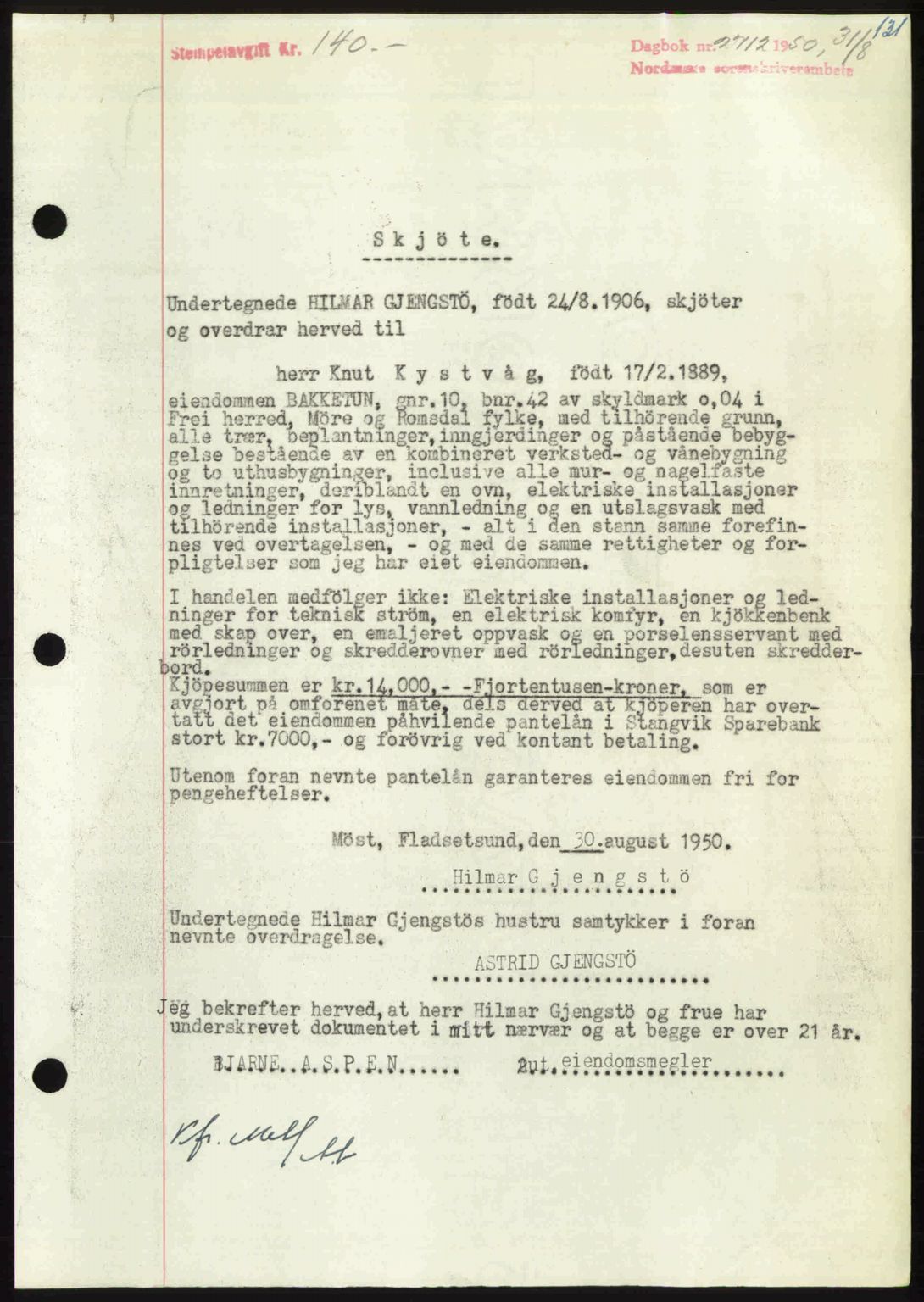 Nordmøre sorenskriveri, AV/SAT-A-4132/1/2/2Ca: Mortgage book no. A116, 1950-1950, Diary no: : 2712/1950