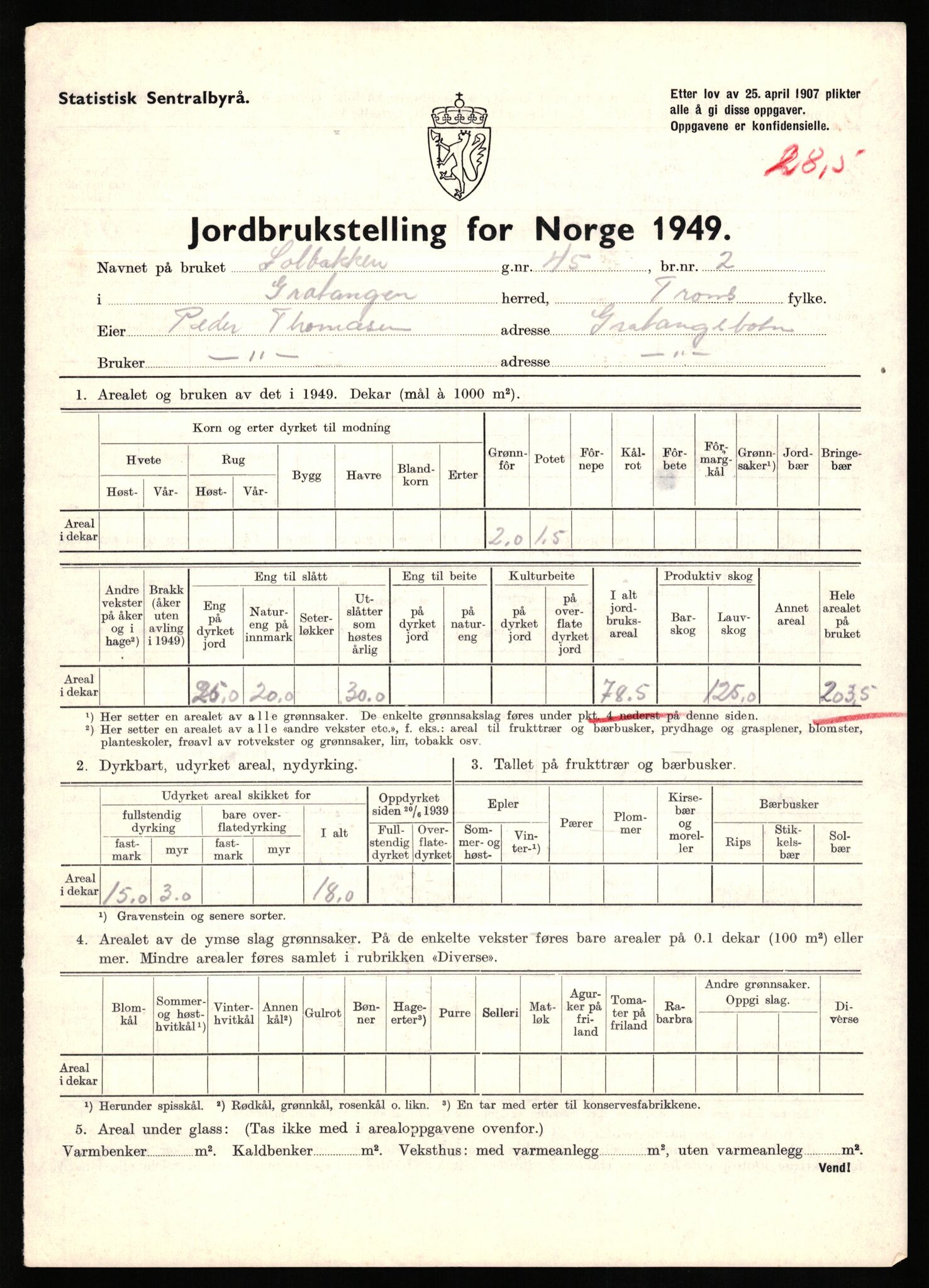 Statistisk sentralbyrå, Næringsøkonomiske emner, Jordbruk, skogbruk, jakt, fiske og fangst, AV/RA-S-2234/G/Gc/L0437: Troms: Gratangen og Lavangen, 1949, p. 1273