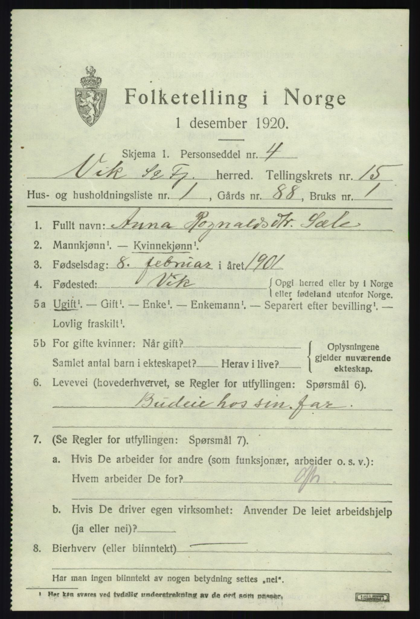 SAB, 1920 census for Vik, 1920, p. 7727