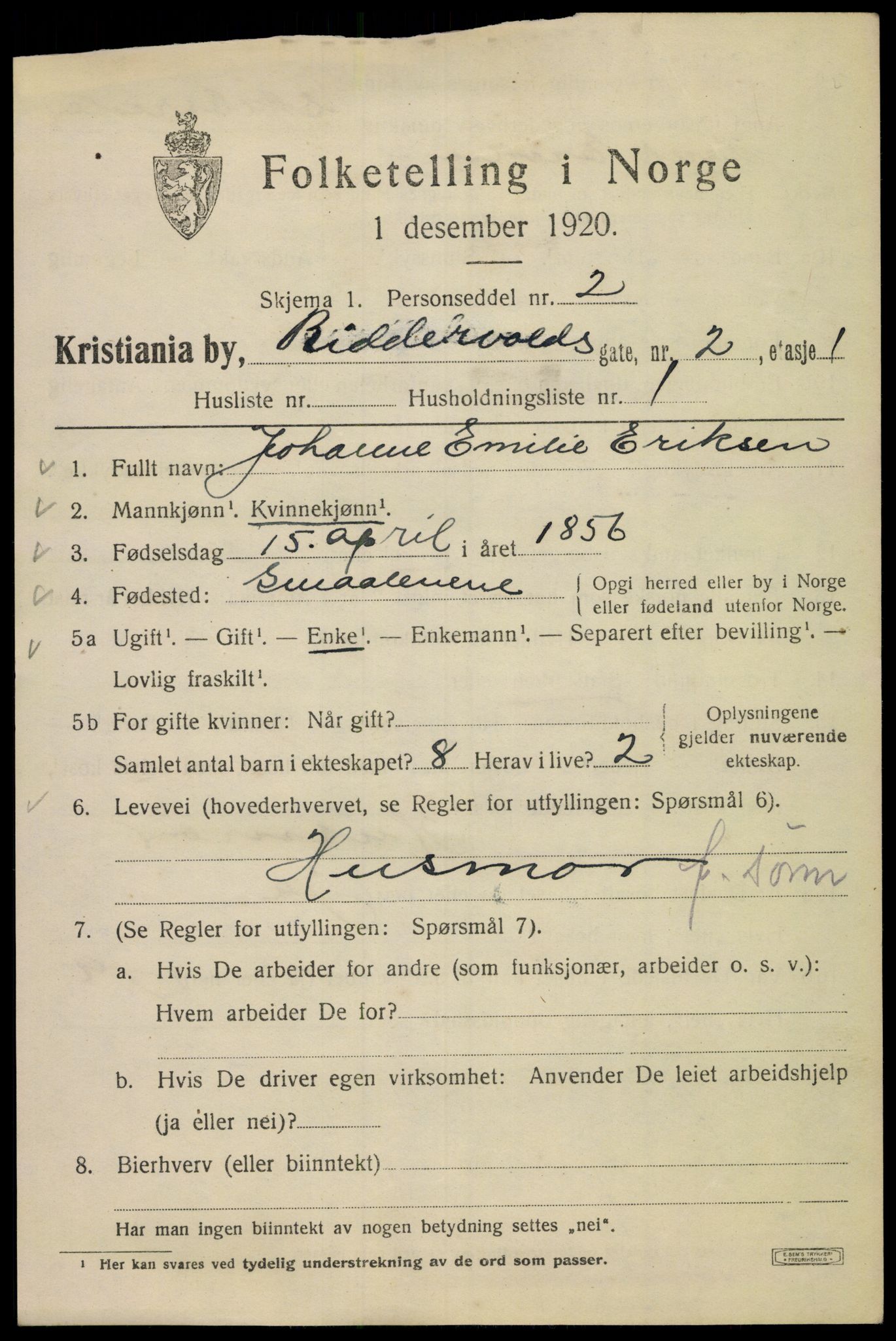 SAO, 1920 census for Kristiania, 1920, p. 462419