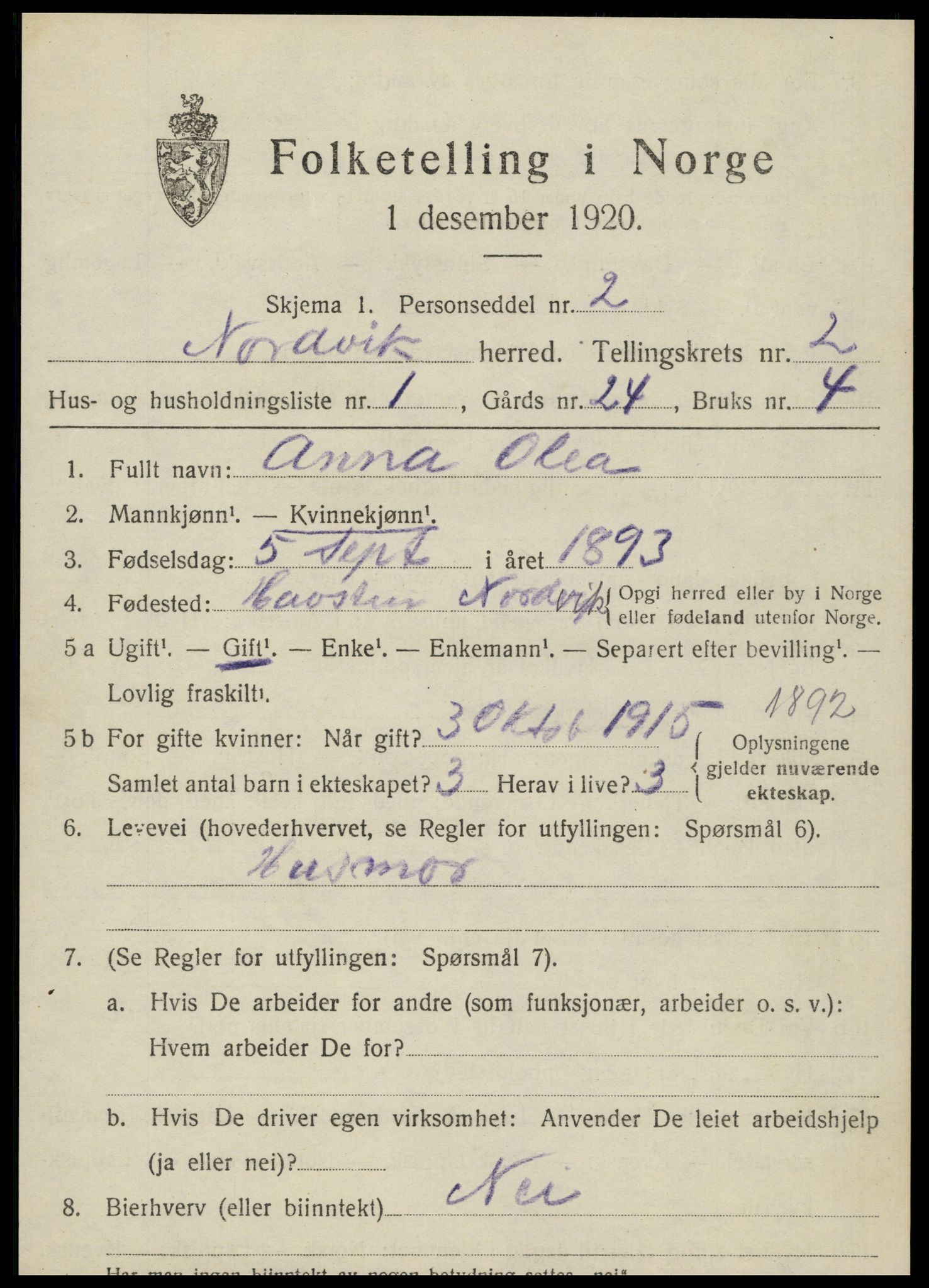 SAT, 1920 census for Nordvik, 1920, p. 1042