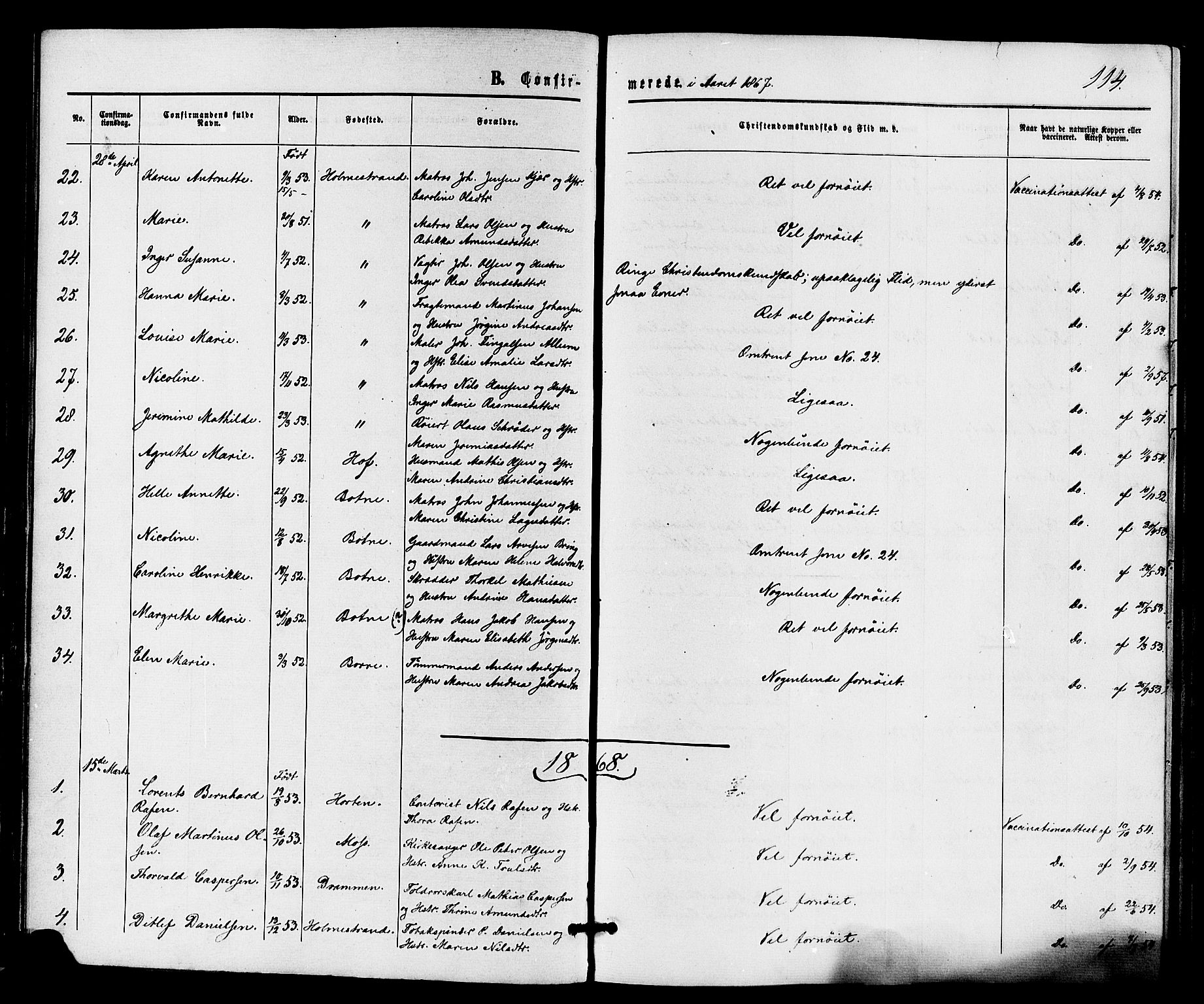 Holmestrand kirkebøker, AV/SAKO-A-346/F/Fa/L0003: Parish register (official) no. 3, 1867-1879, p. 114