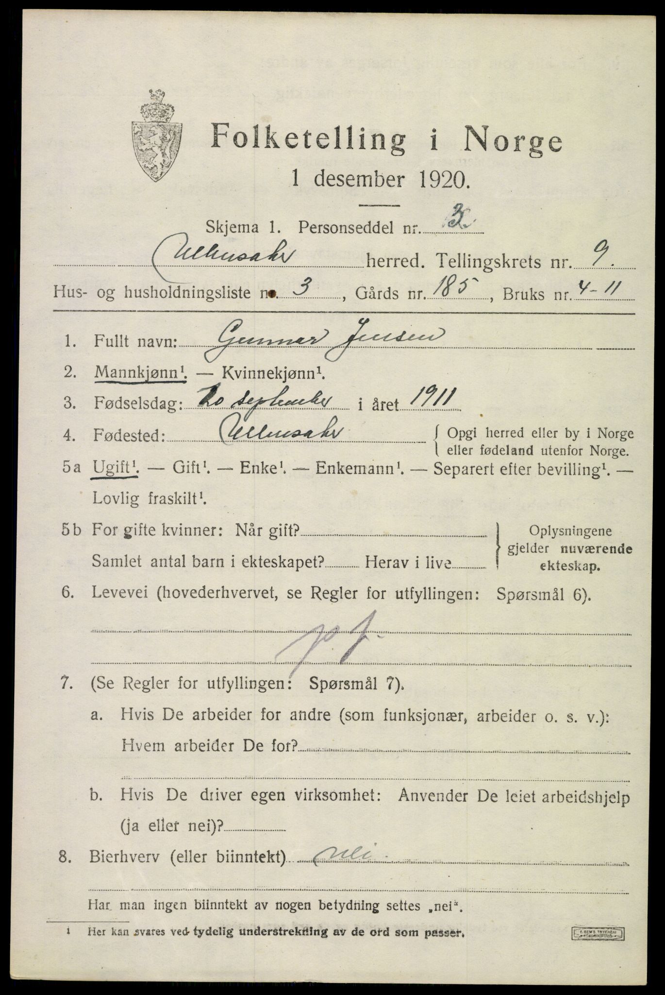 SAO, 1920 census for Ullensaker, 1920, p. 15415