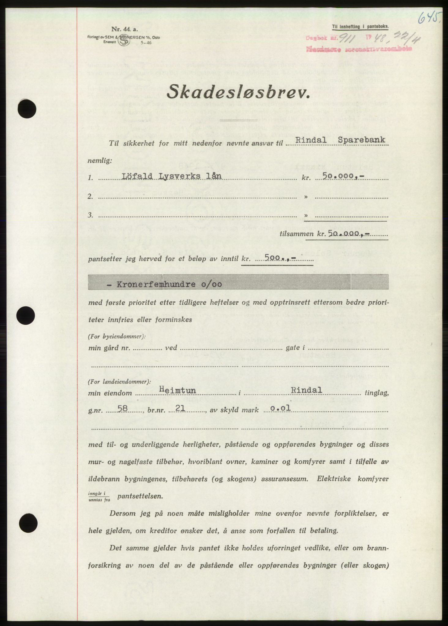 Nordmøre sorenskriveri, AV/SAT-A-4132/1/2/2Ca: Mortgage book no. B98, 1948-1948, Diary no: : 911/1948