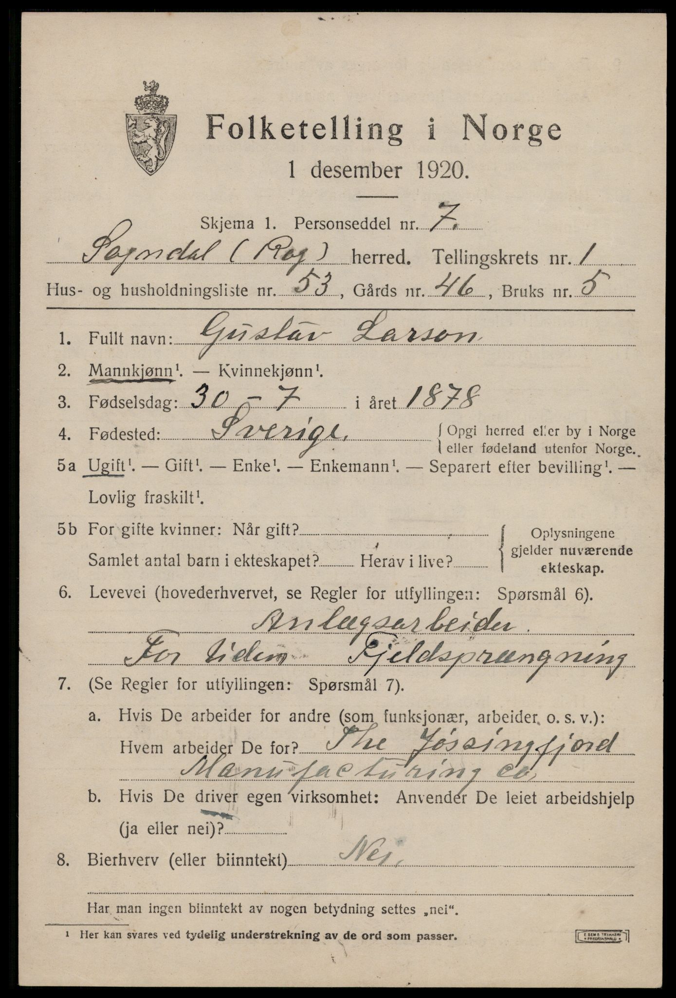 SAST, 1920 census for Sokndal, 1920, p. 1697