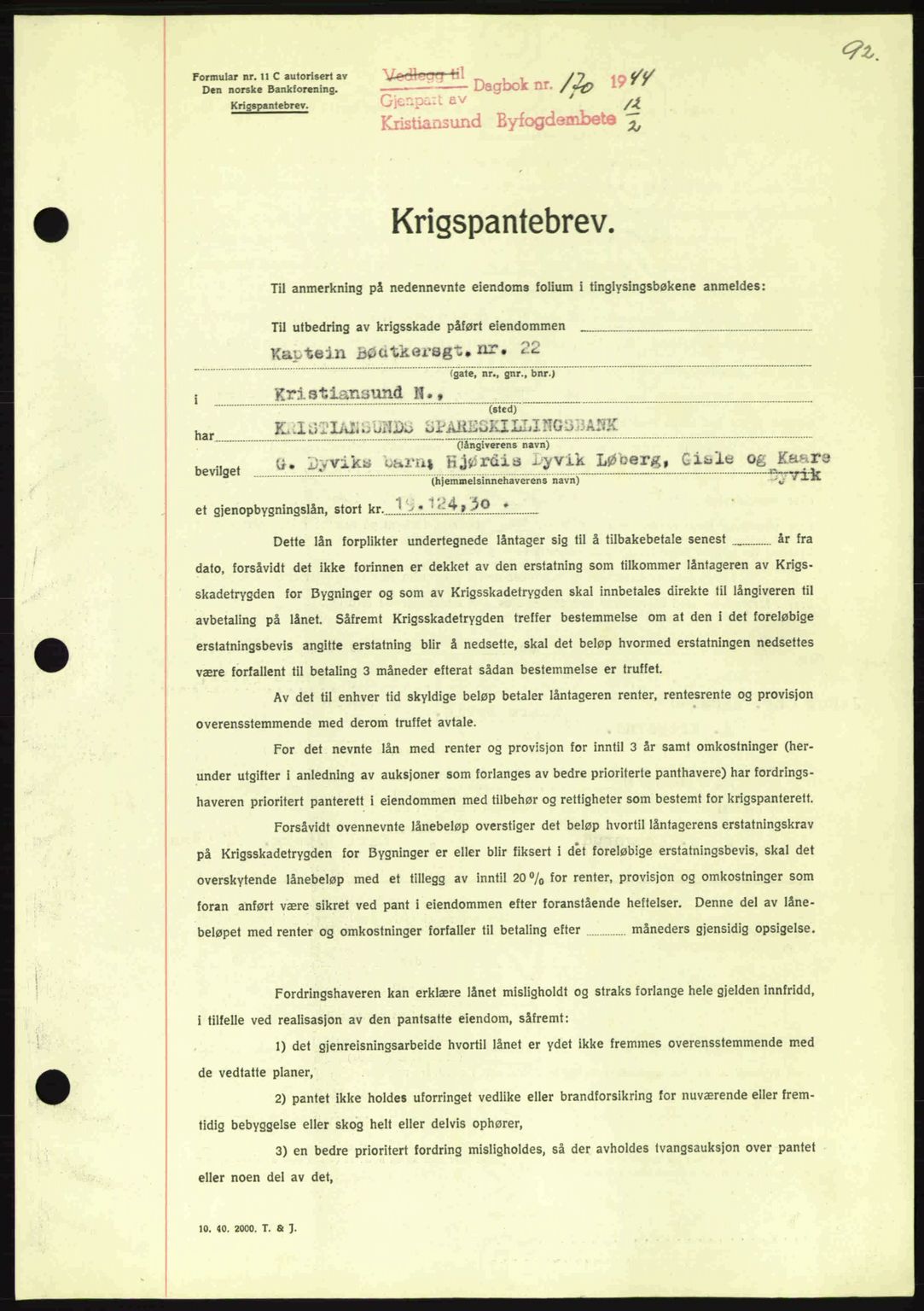 Kristiansund byfogd, SAT/A-4587/A/27: Mortgage book no. 37-38, 1943-1945, Diary no: : 170/1944