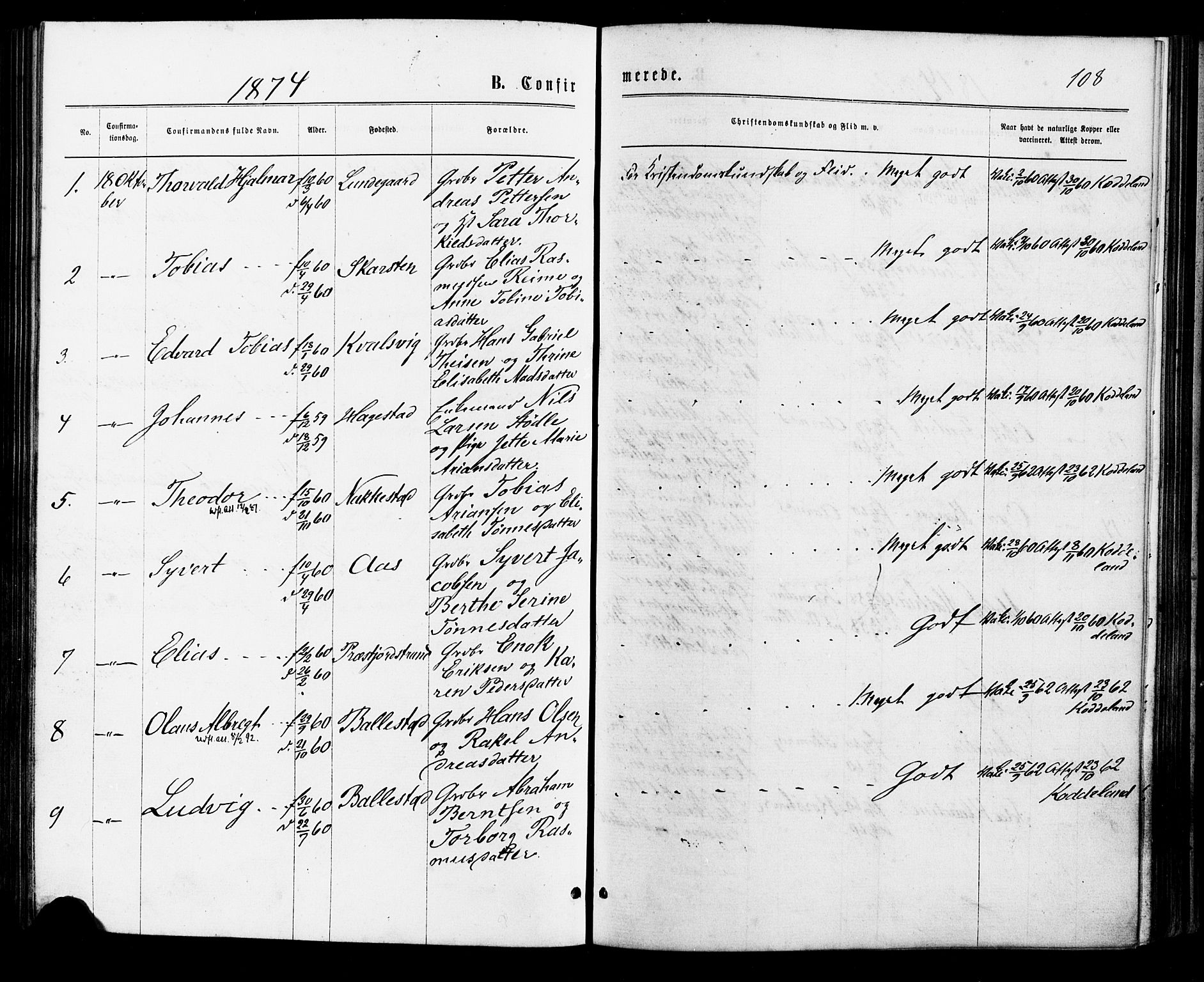 Lyngdal sokneprestkontor, AV/SAK-1111-0029/F/Fa/Faa/L0003: Parish register (official) no. A 3, 1871-1882, p. 108